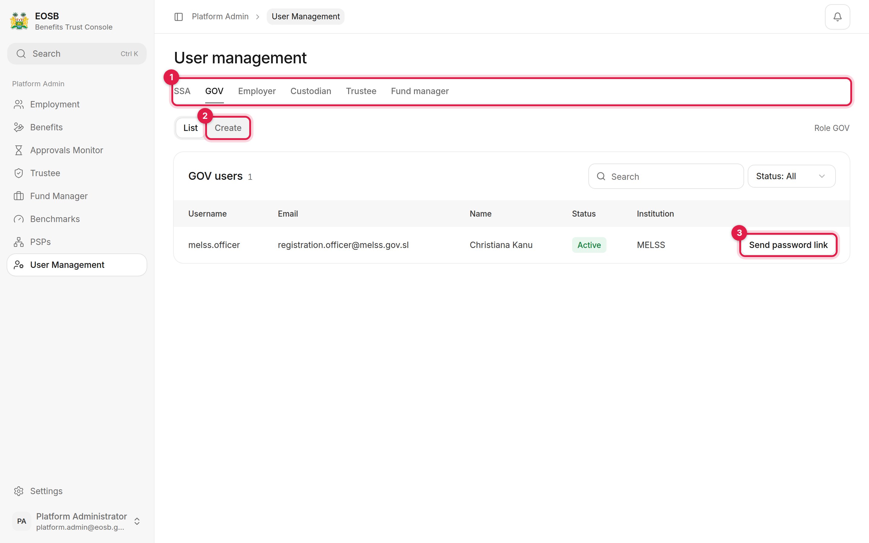 User management with the role tabs, Create and Send password link marked 1 to 3