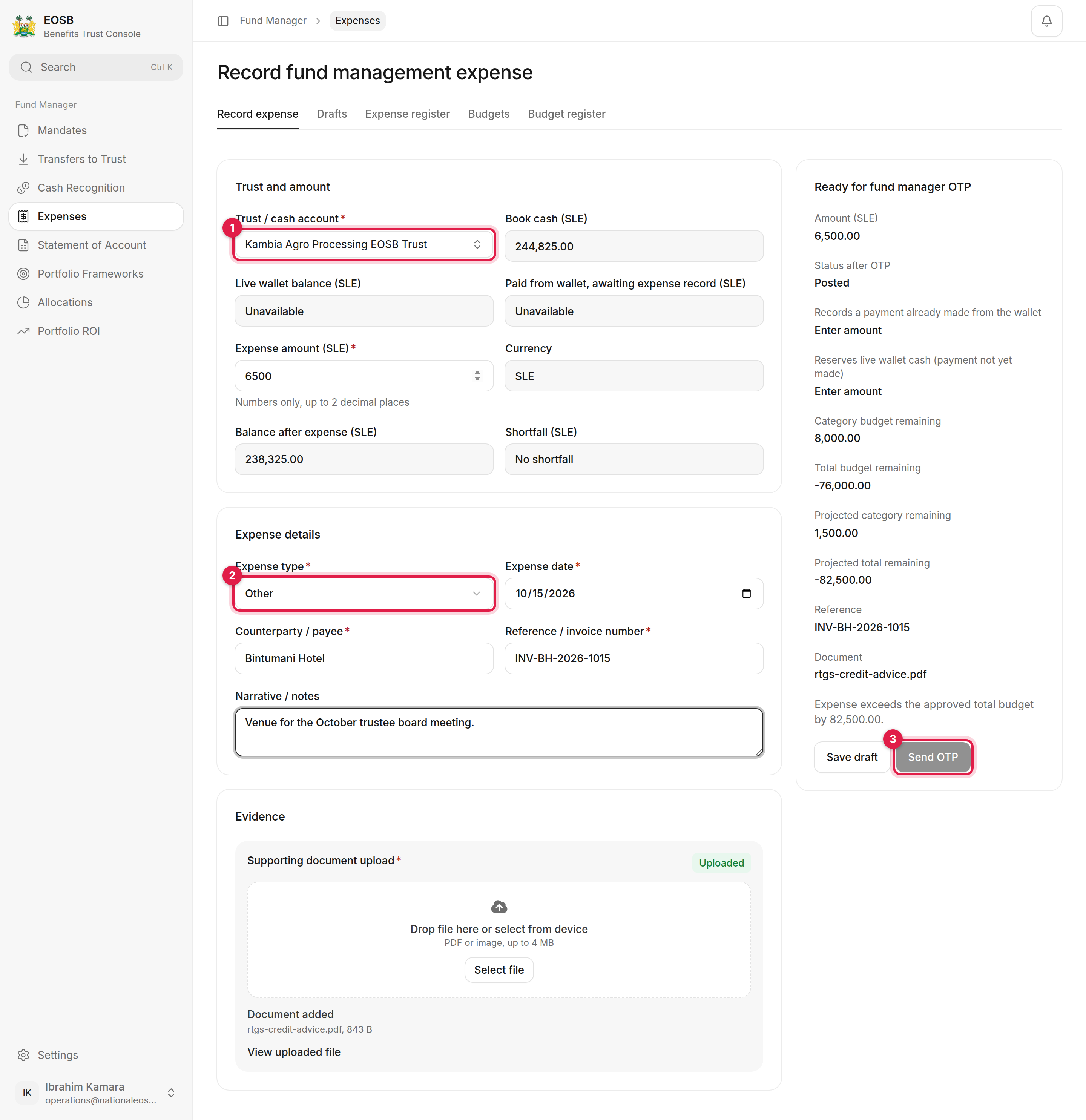 Expense form with Total budget remaining -76,000.00 and the message Expense exceeds the approved total budget by 82,500.00; Send OTP disabled