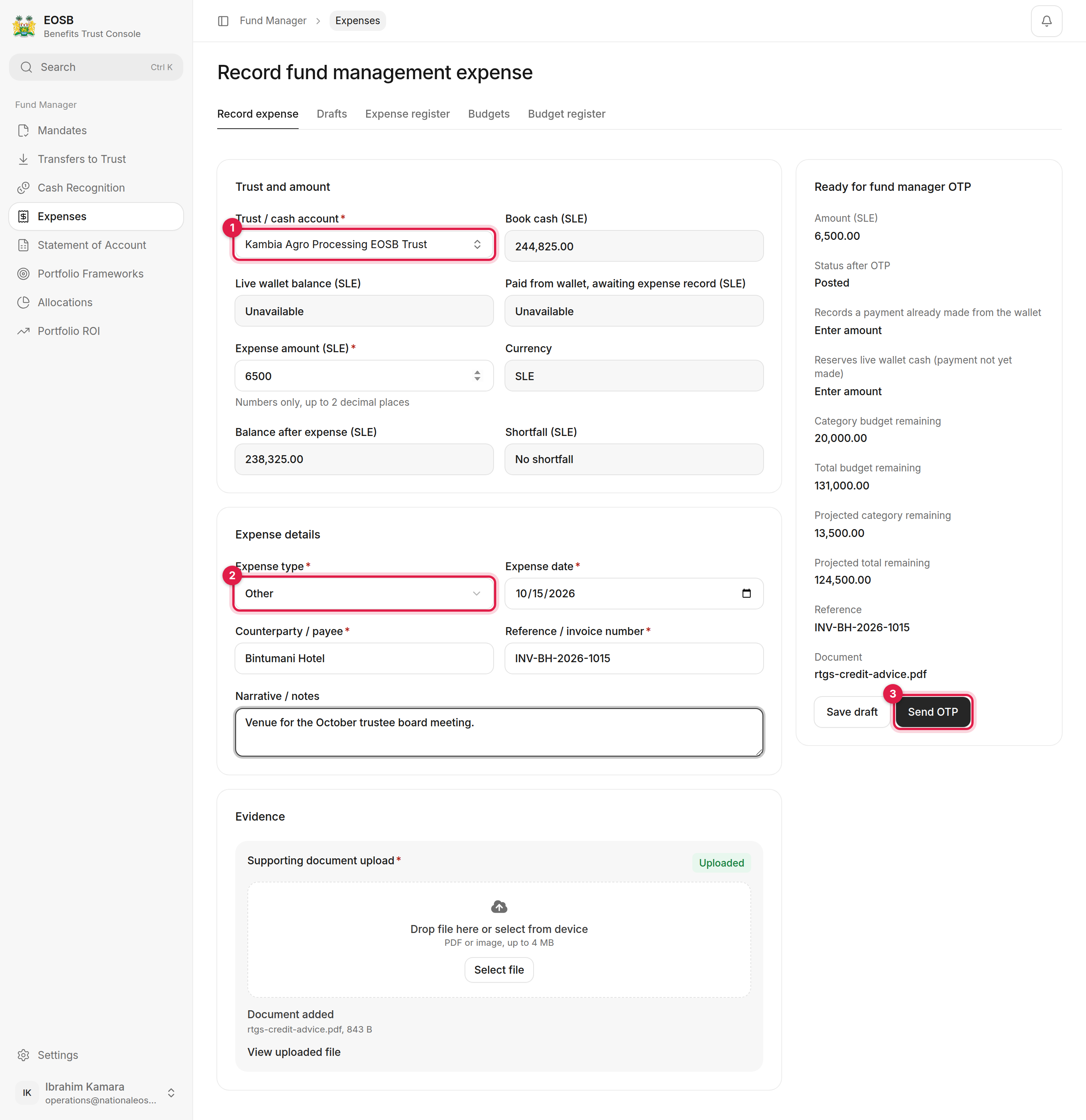 Record fund management expense form with the trust, expense type and Send OTP marked 1 to 3, and the budget check on the right