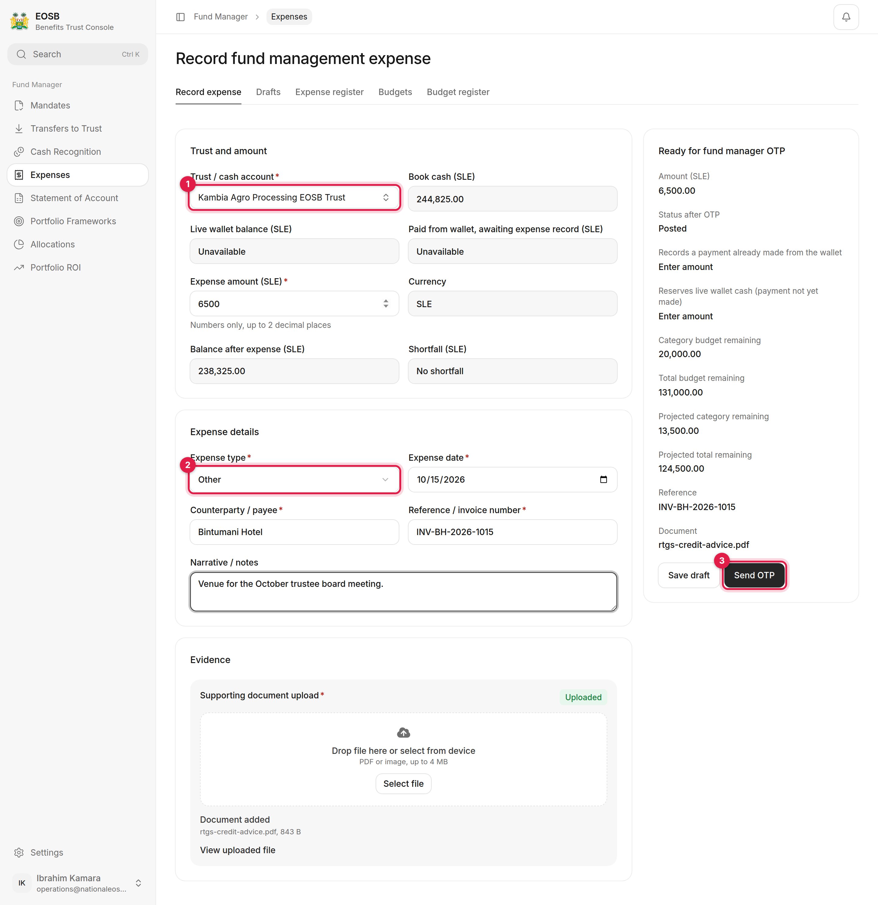 Record fund management expense form with the trust, expense type and Send OTP marked 1 to 3, and the budget check on the right