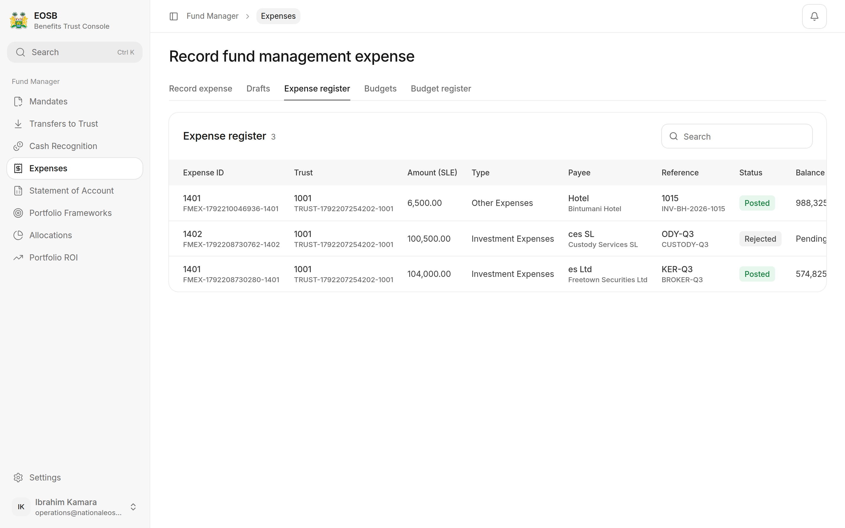 Expense register with two posted expenses and one rejected