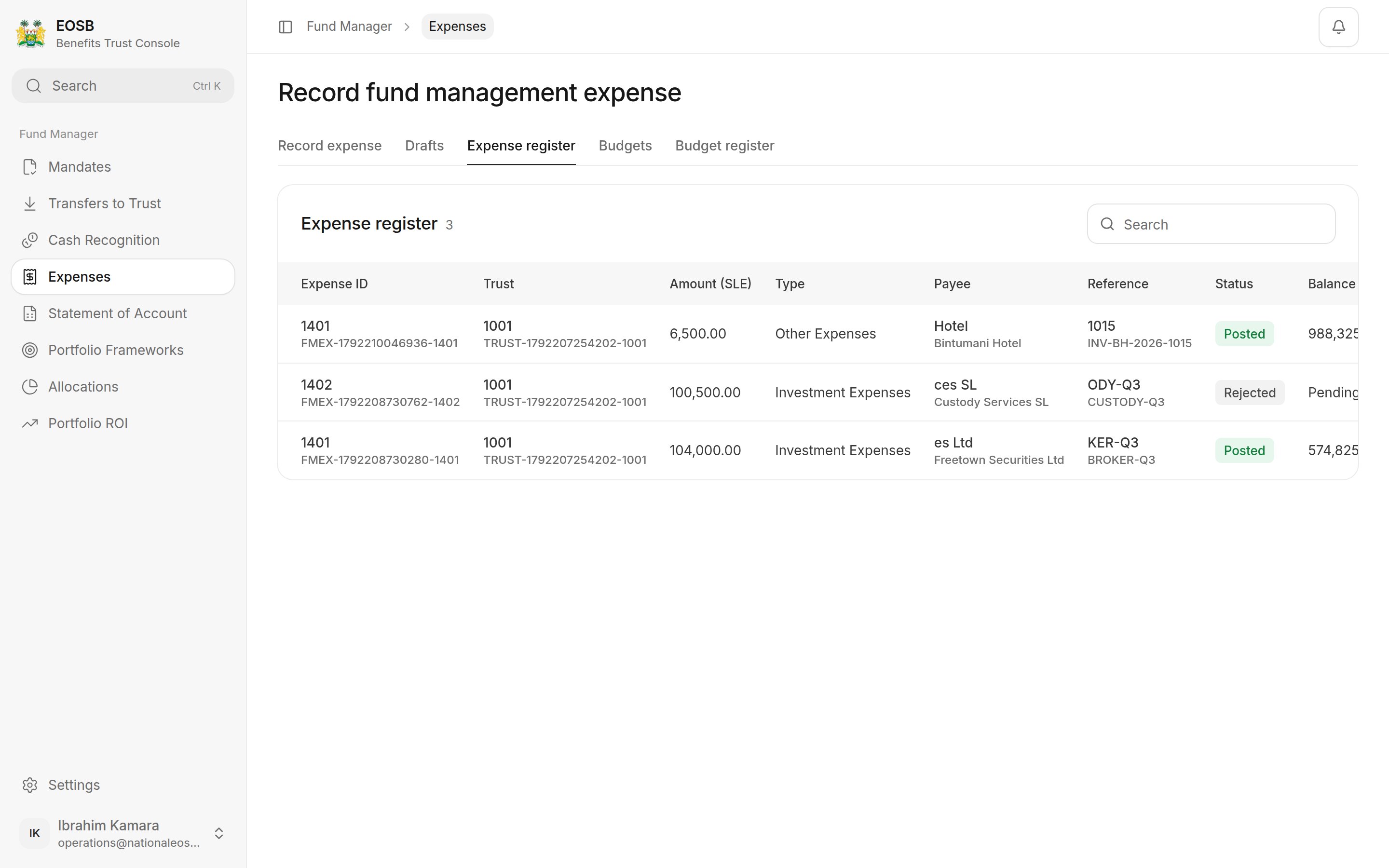 Expense register with two posted expenses and one rejected