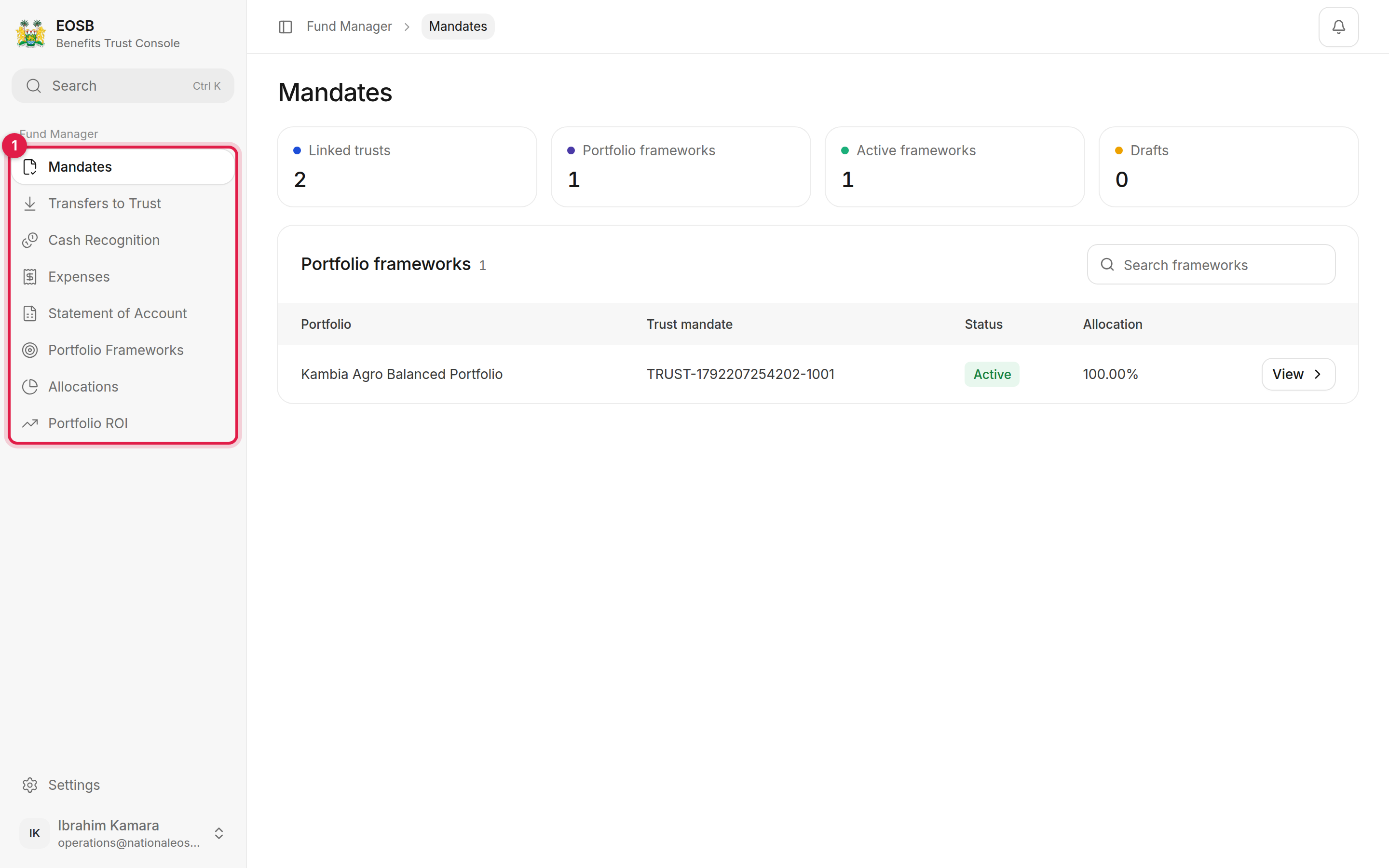 Mandates page with linked trusts, portfolio frameworks, active frameworks and drafts, and the navigation marked 1