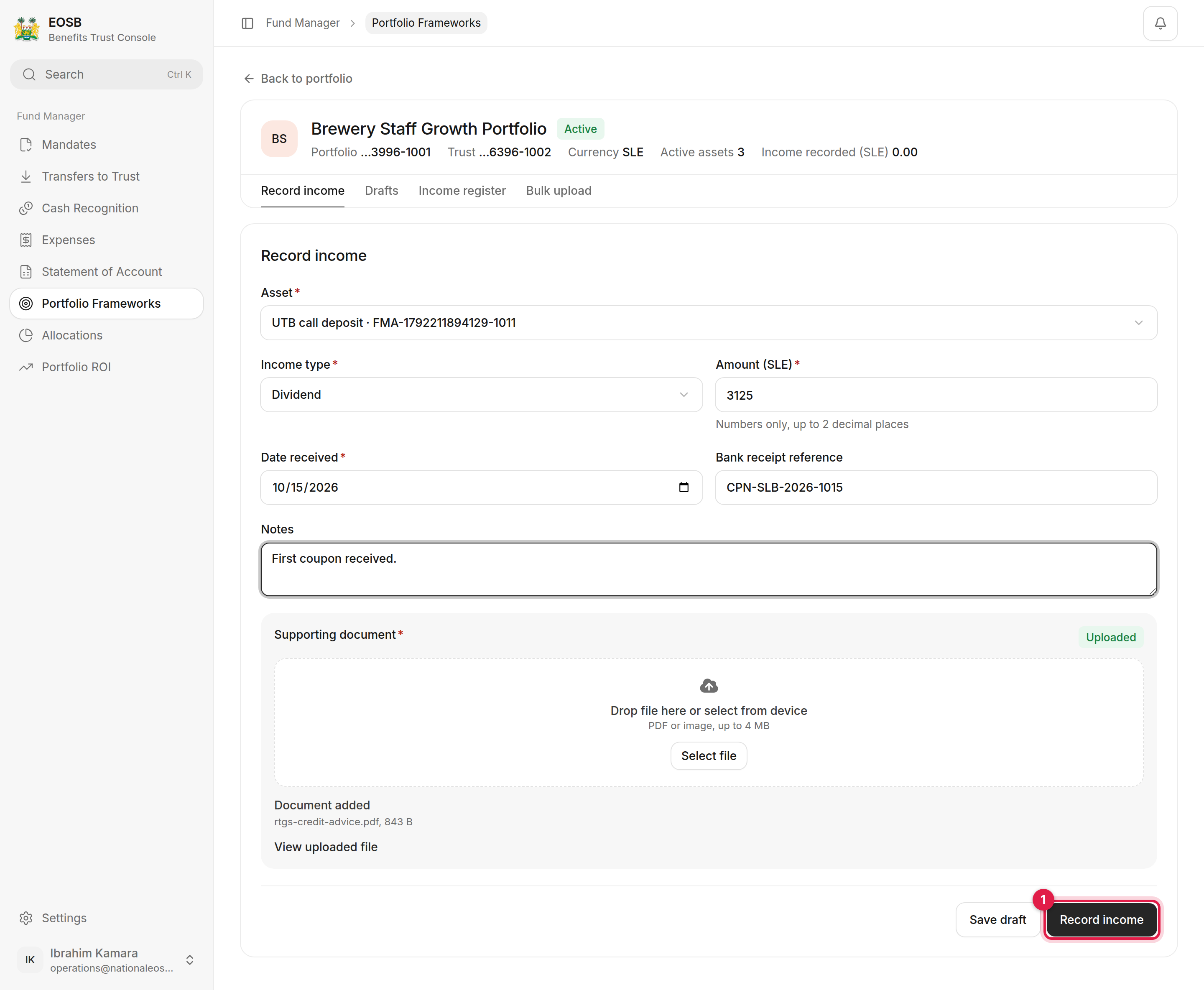 Record income form: asset, income type, amount, date received, bank receipt reference, notes, document and Record income marked 1