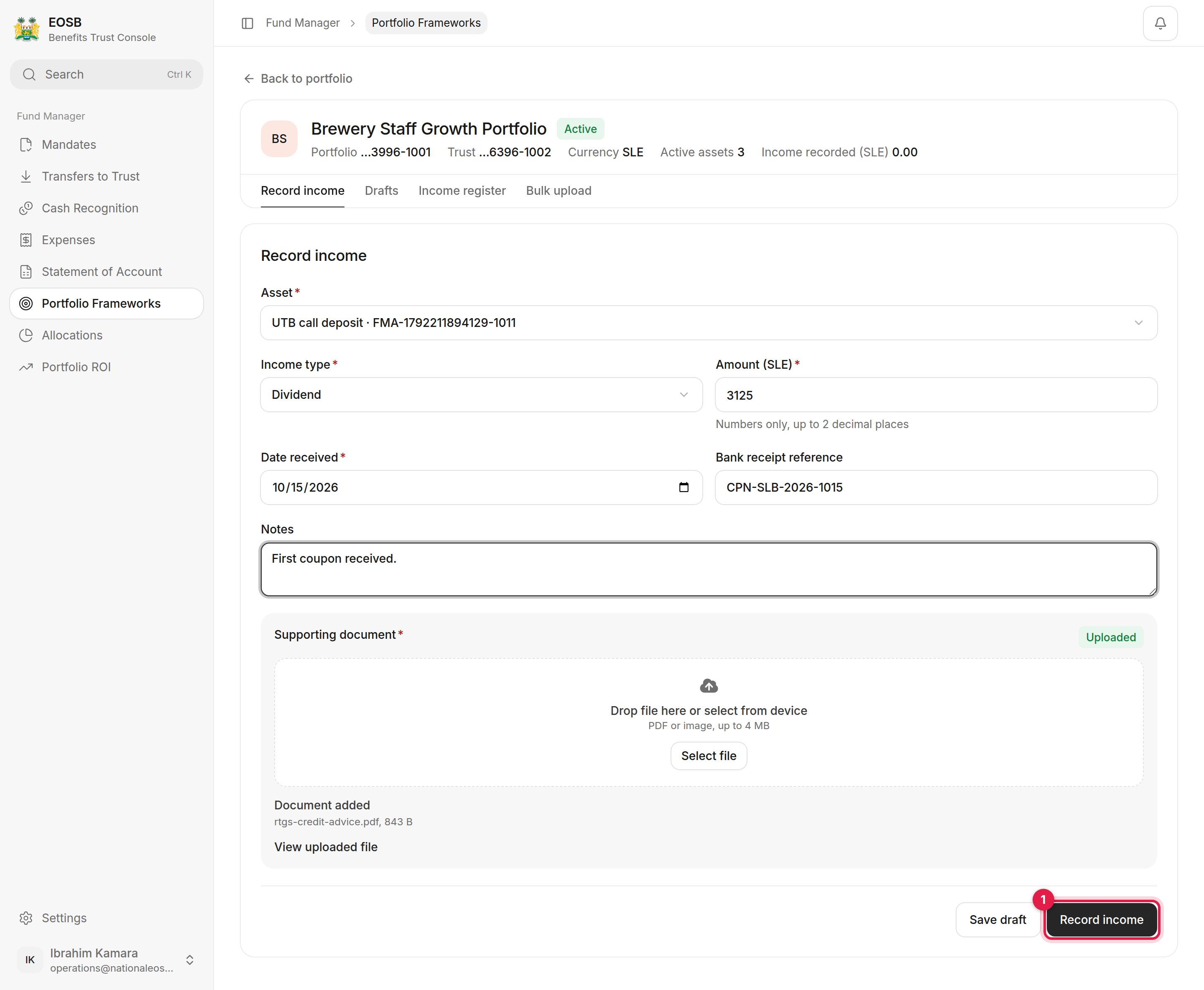 Record income form: asset, income type, amount, date received, bank receipt reference, notes, document and Record income marked 1
