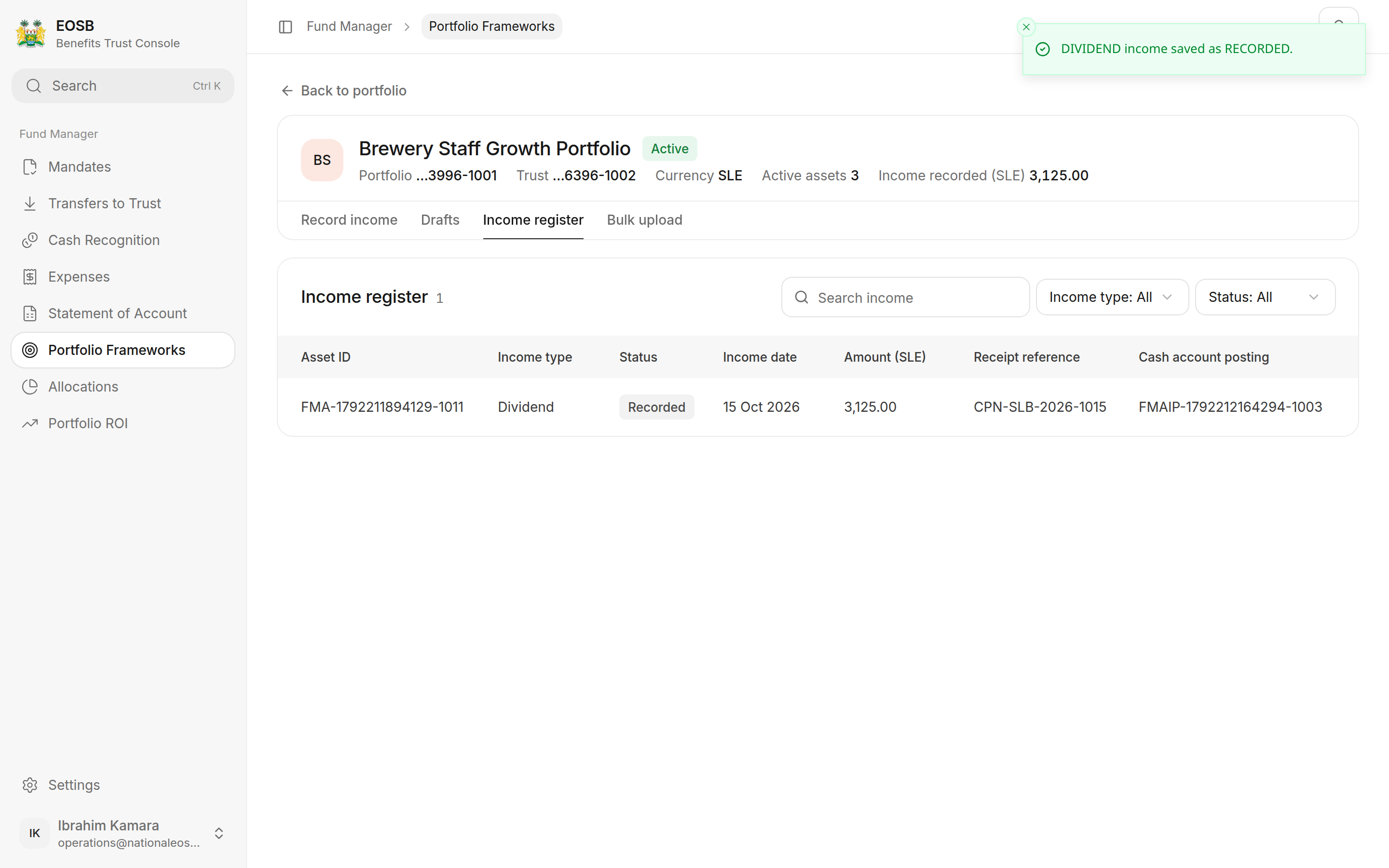 Income register with one recorded dividend and its cash account posting