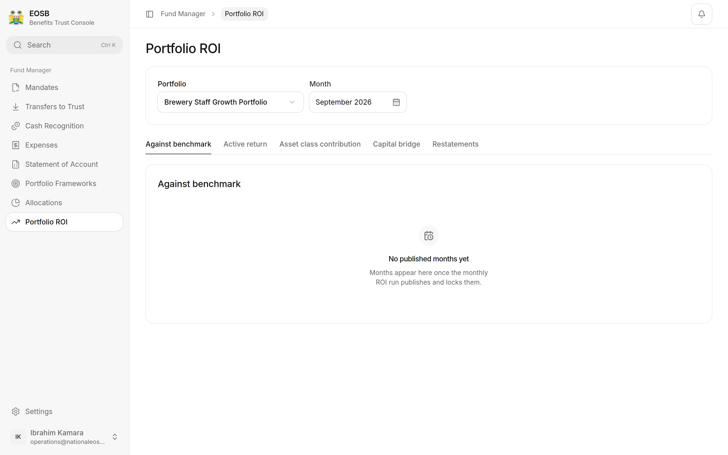Portfolio ROI with tabs Against benchmark, Active return, Asset class contribution, Capital bridge and Restatements, showing No published months yet