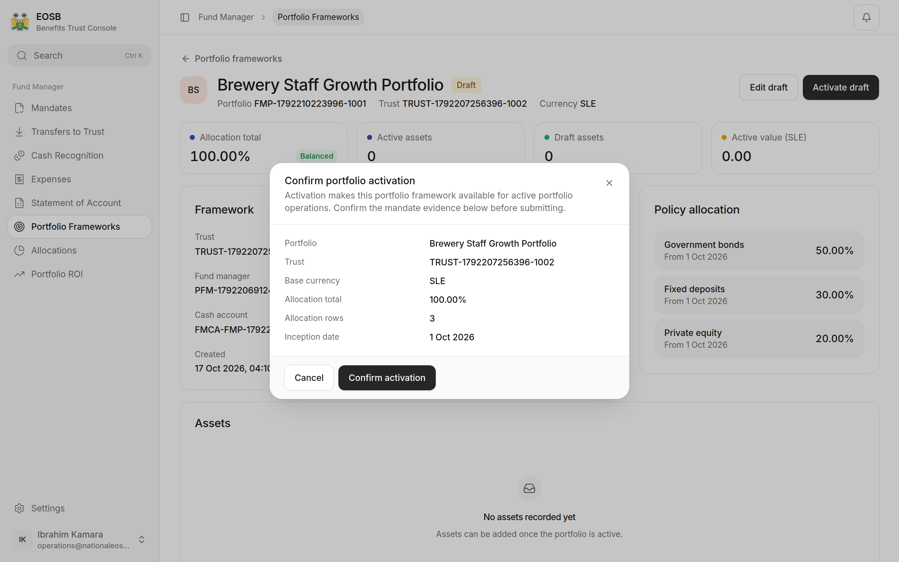 Confirm portfolio activation window