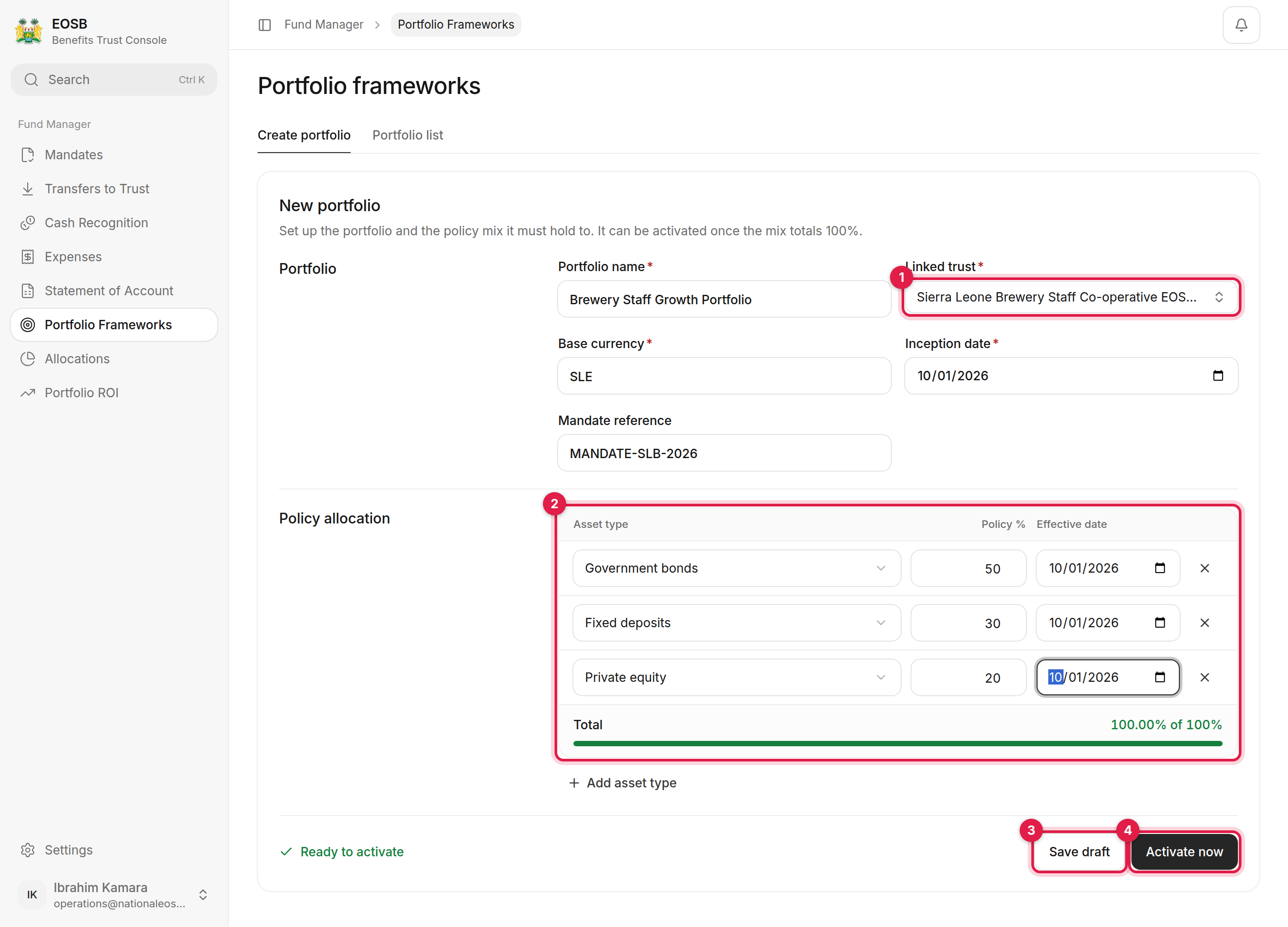 New portfolio form with Linked trust, Policy allocation, Save draft and Activate now marked 1 to 4