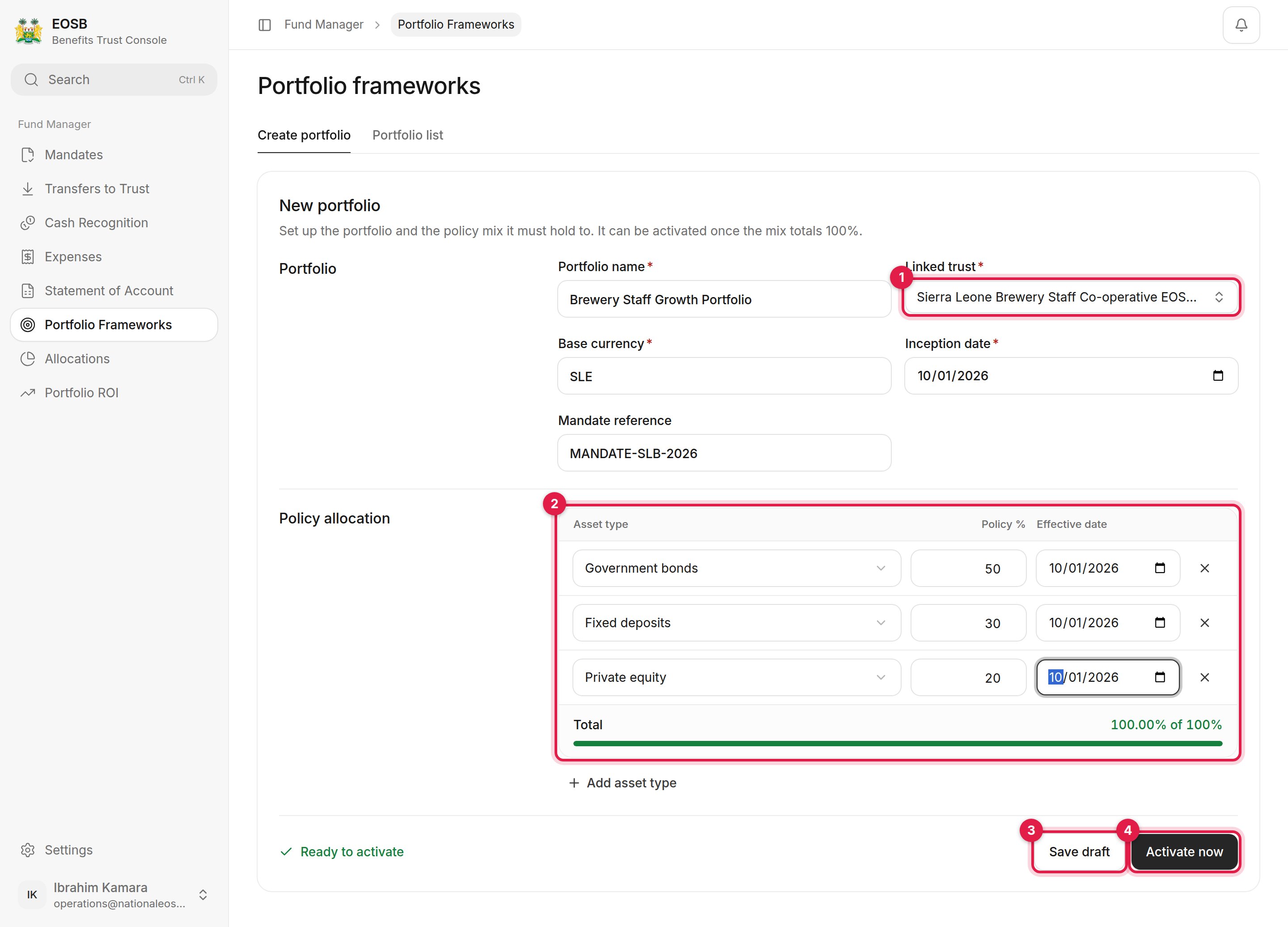 New portfolio form with Linked trust, Policy allocation, Save draft and Activate now marked 1 to 4