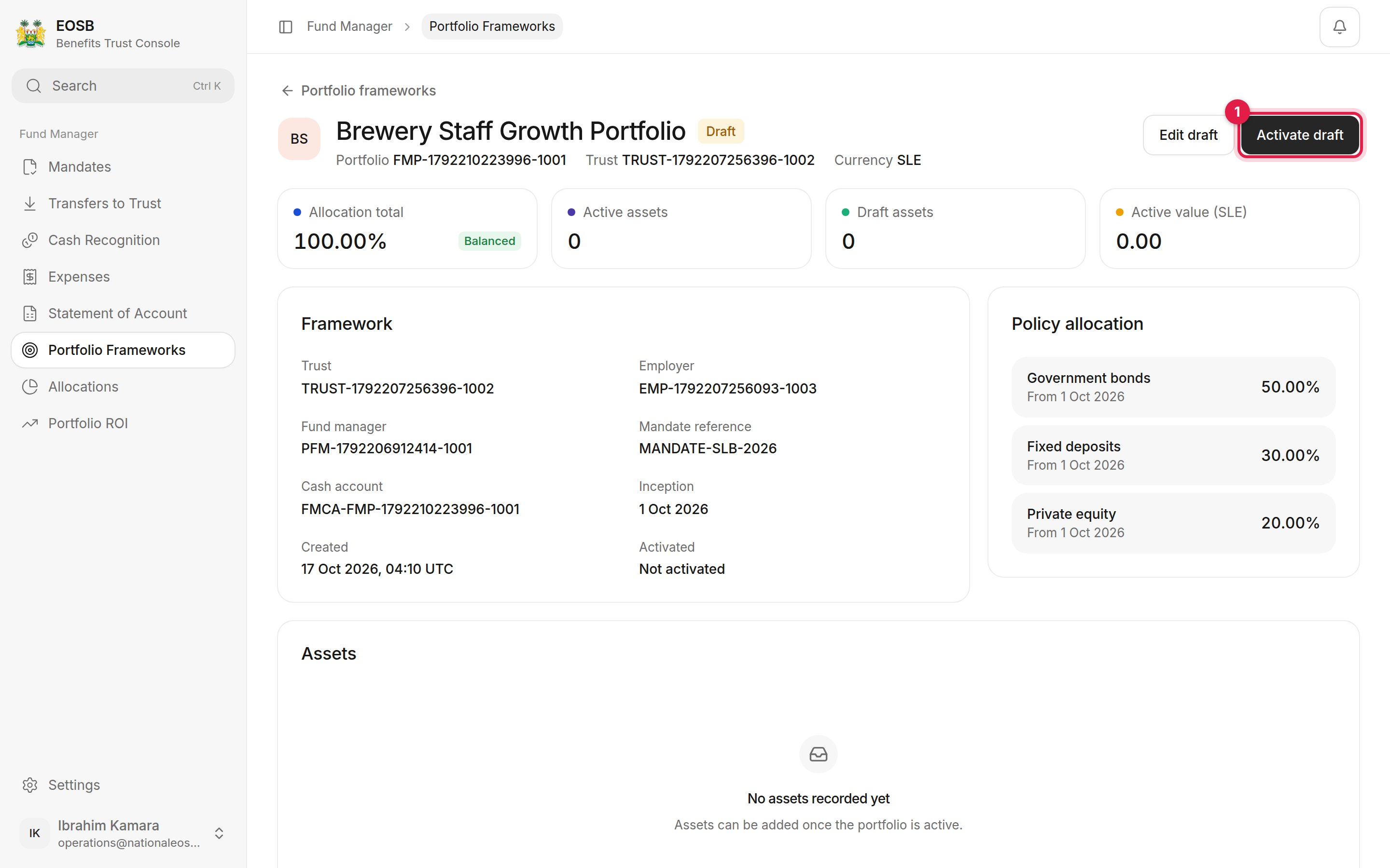 Draft portfolio detail with Activate draft marked 1