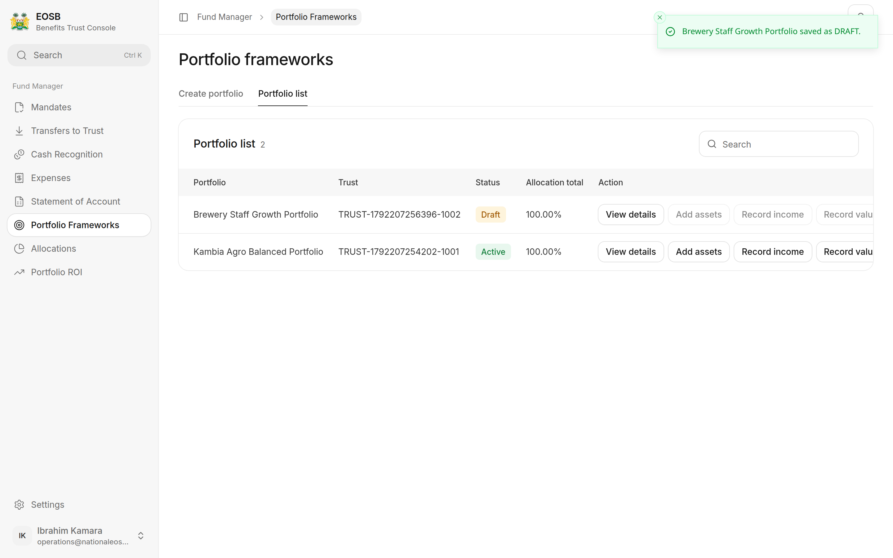 Portfolio list with a draft and an active portfolio and their actions