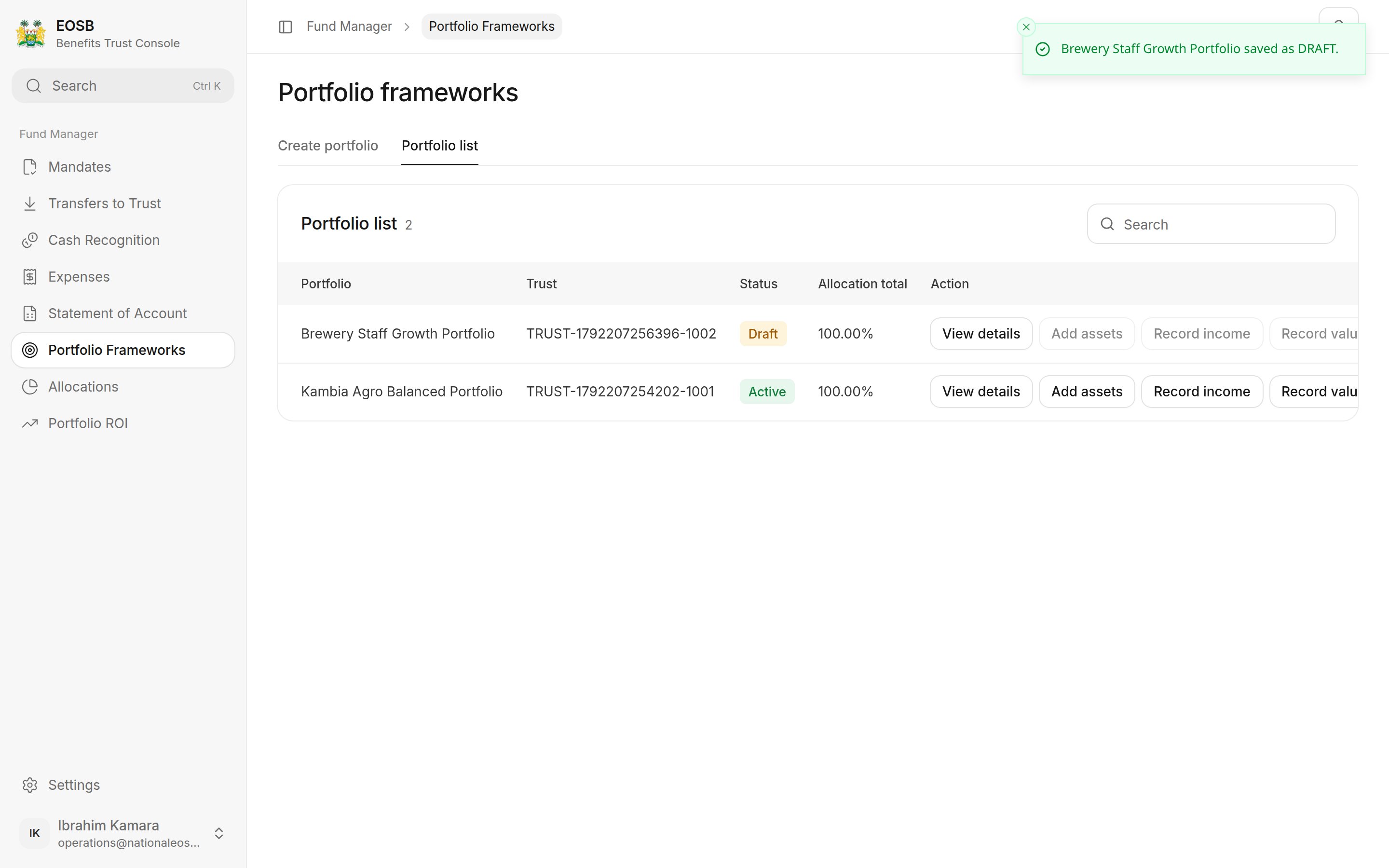 Portfolio list with a draft and an active portfolio and their actions