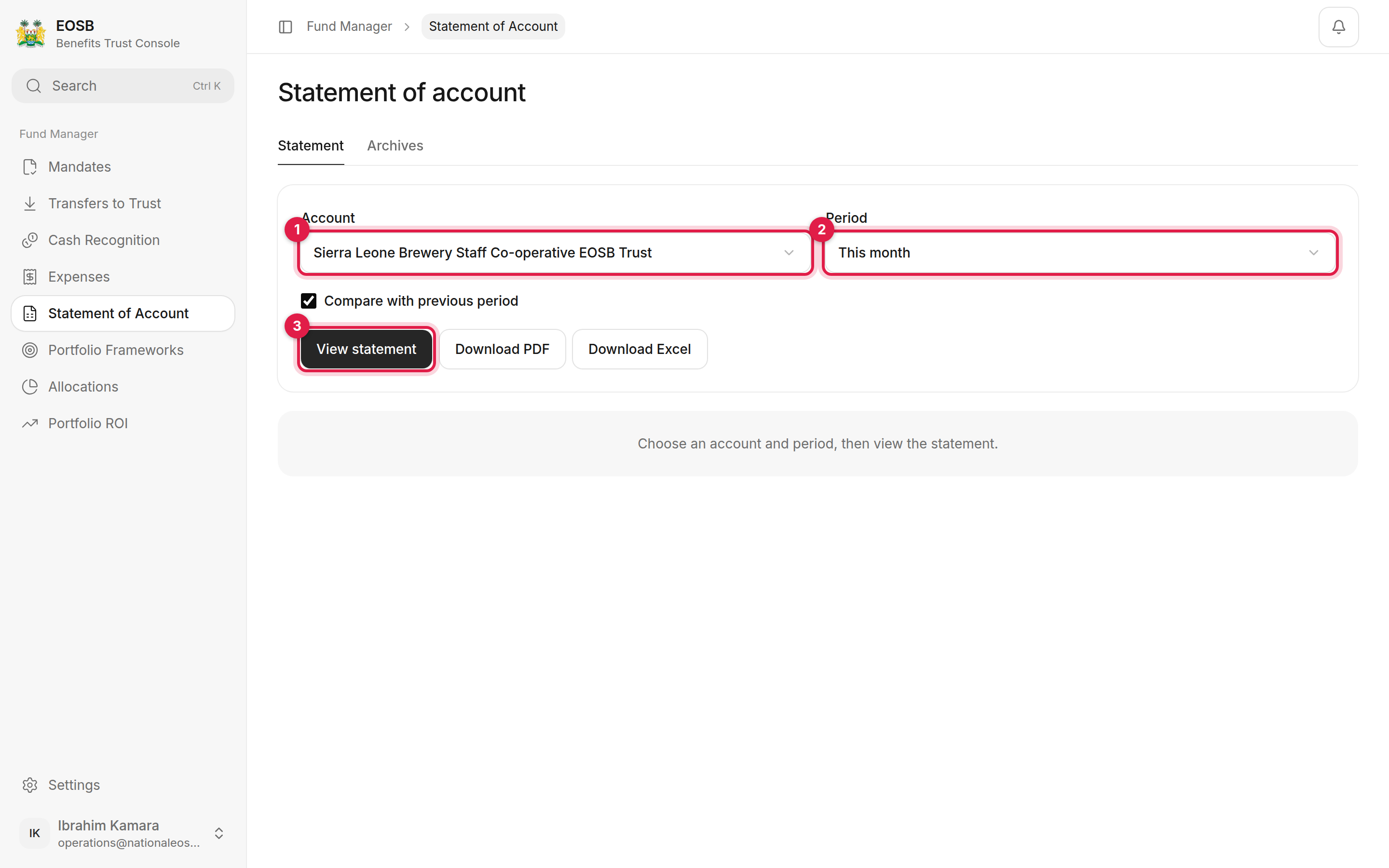 Account, Period and View statement marked 1 to 3, with Compare with previous period ticked
