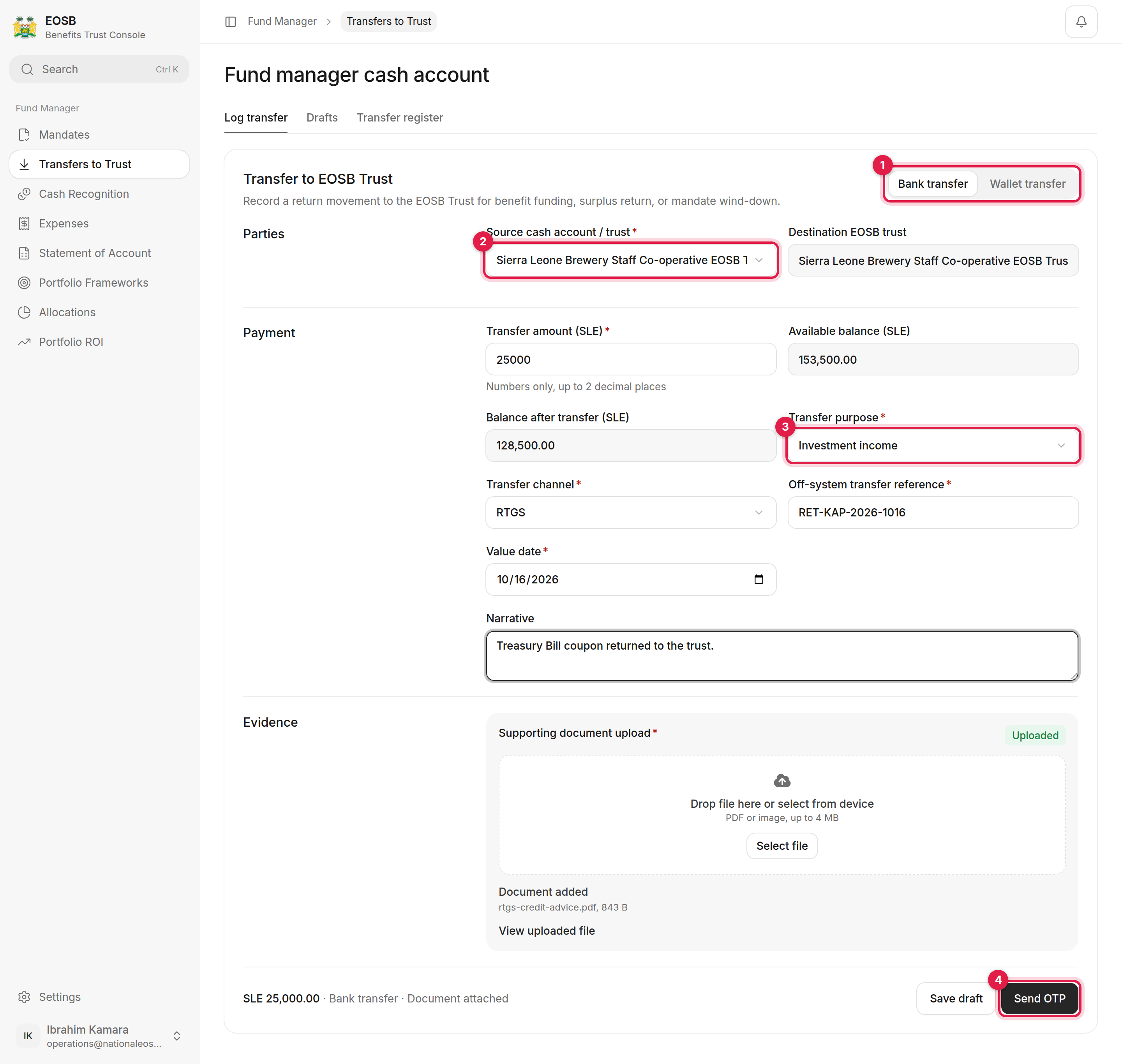 Transfer to EOSB Trust form with Bank transfer, Source cash account, Transfer purpose and Send OTP marked 1 to 4