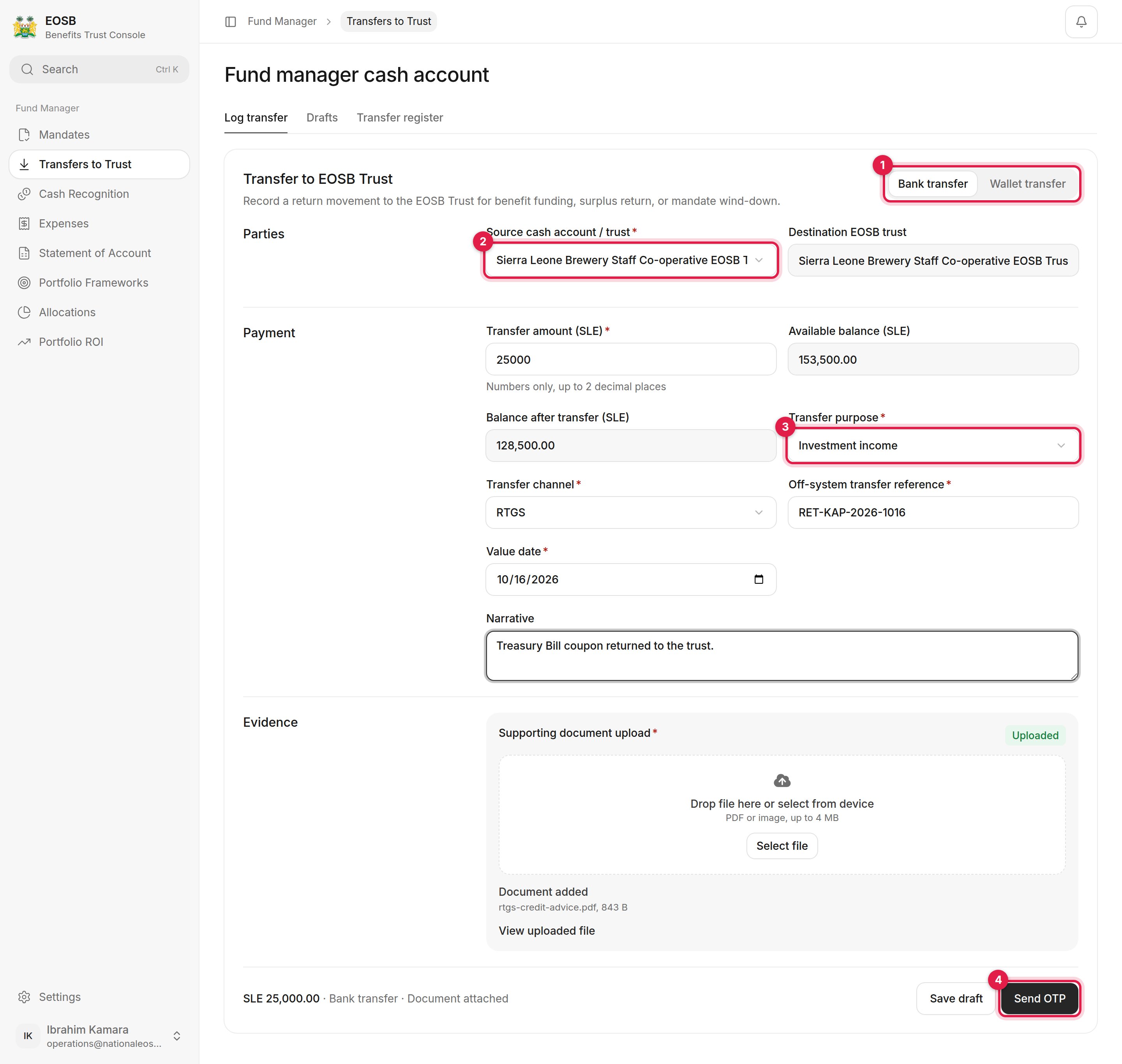 Transfer to EOSB Trust form with Bank transfer, Source cash account, Transfer purpose and Send OTP marked 1 to 4