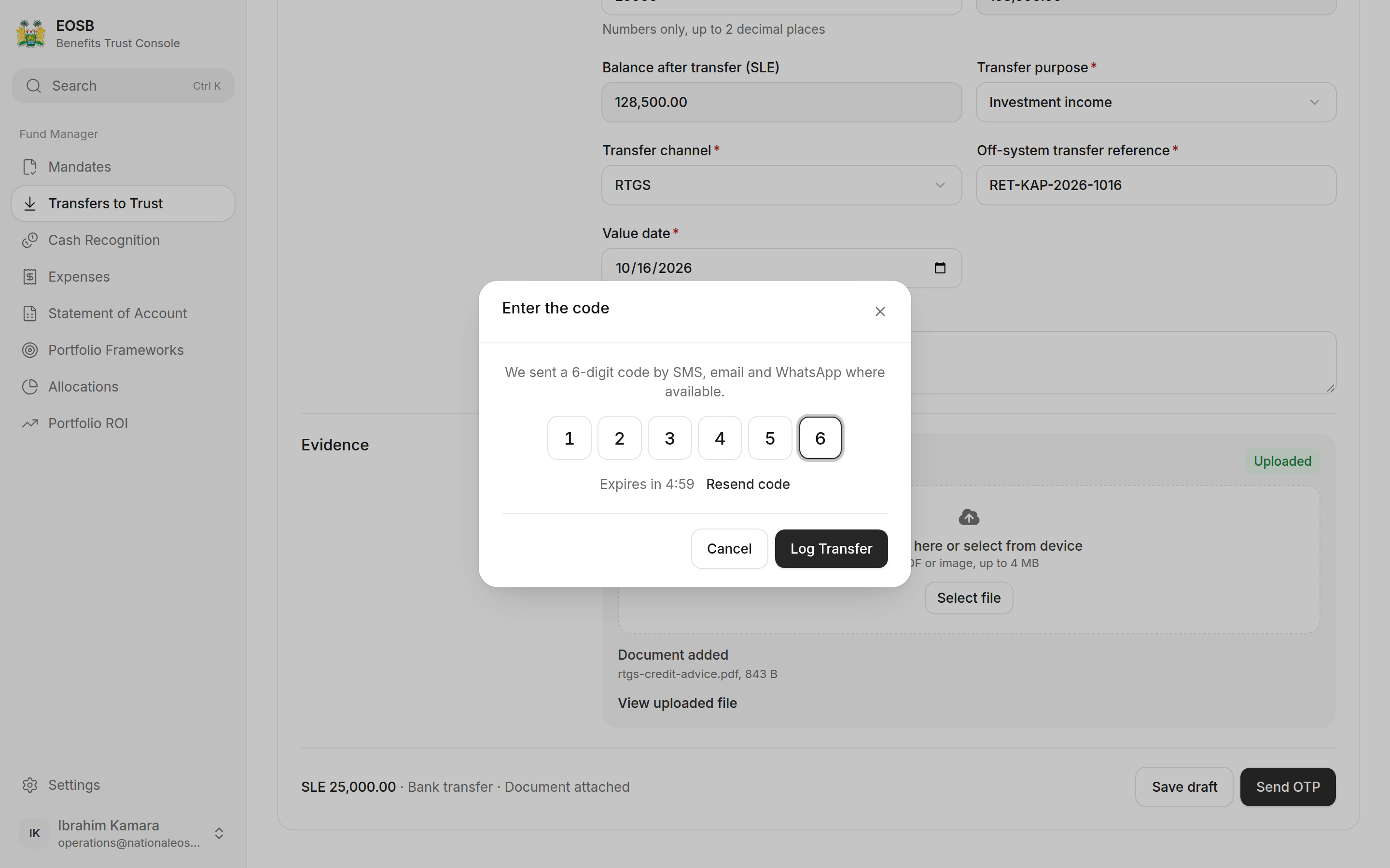 Enter the code window with Log Transfer