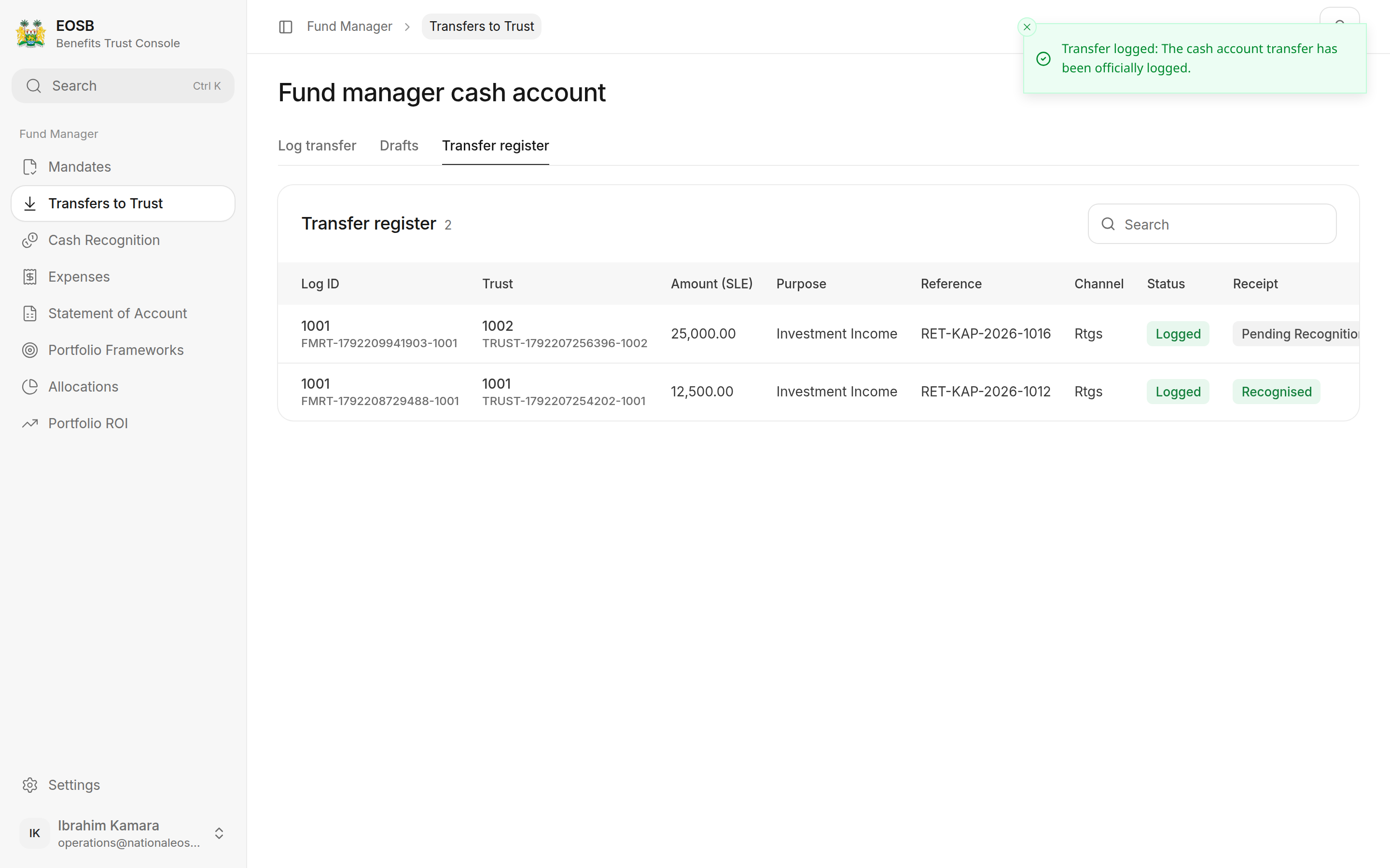 Transfer register with two logged returns, one pending recognition and one recognised
