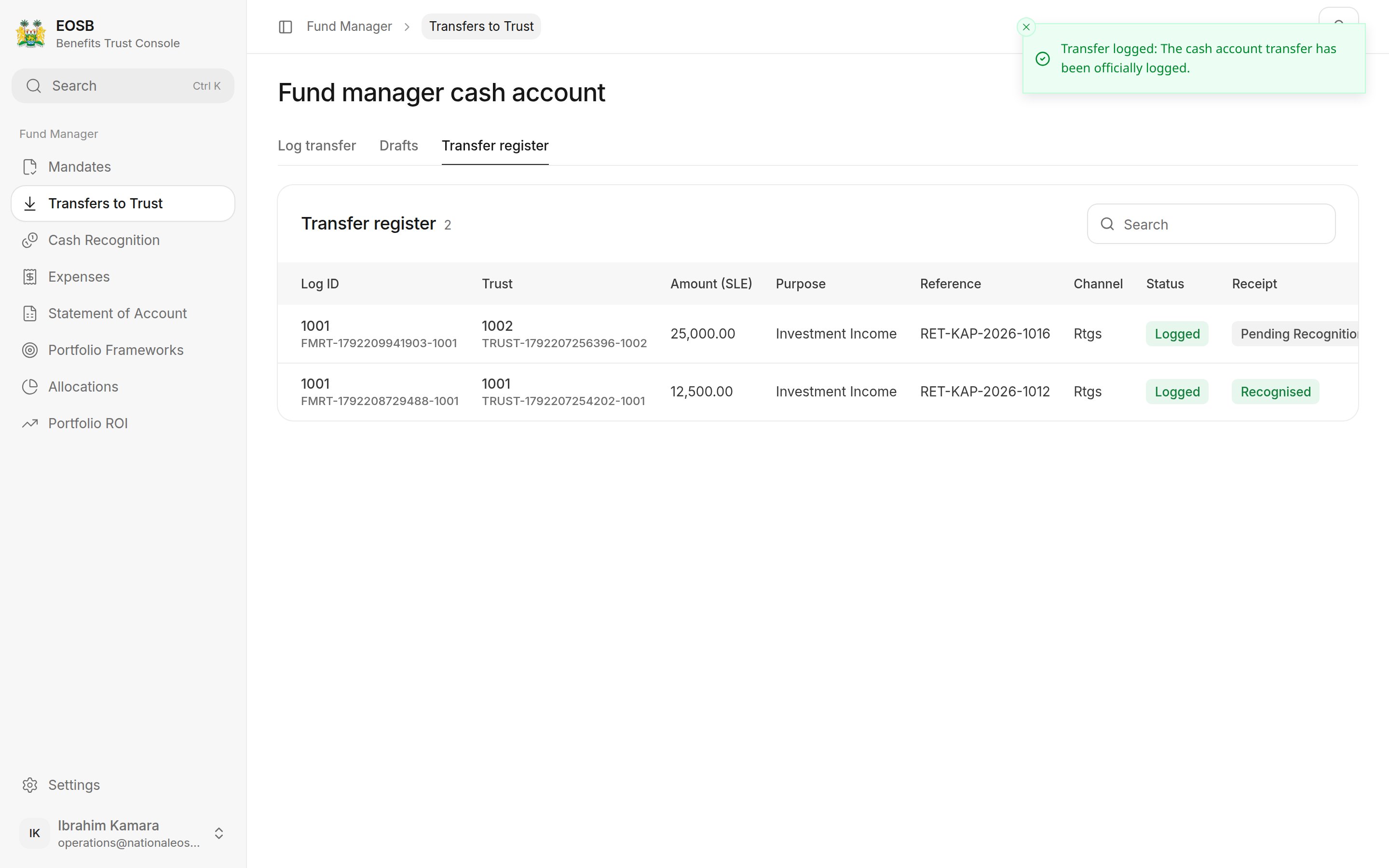 Transfer register with two logged returns, one pending recognition and one recognised