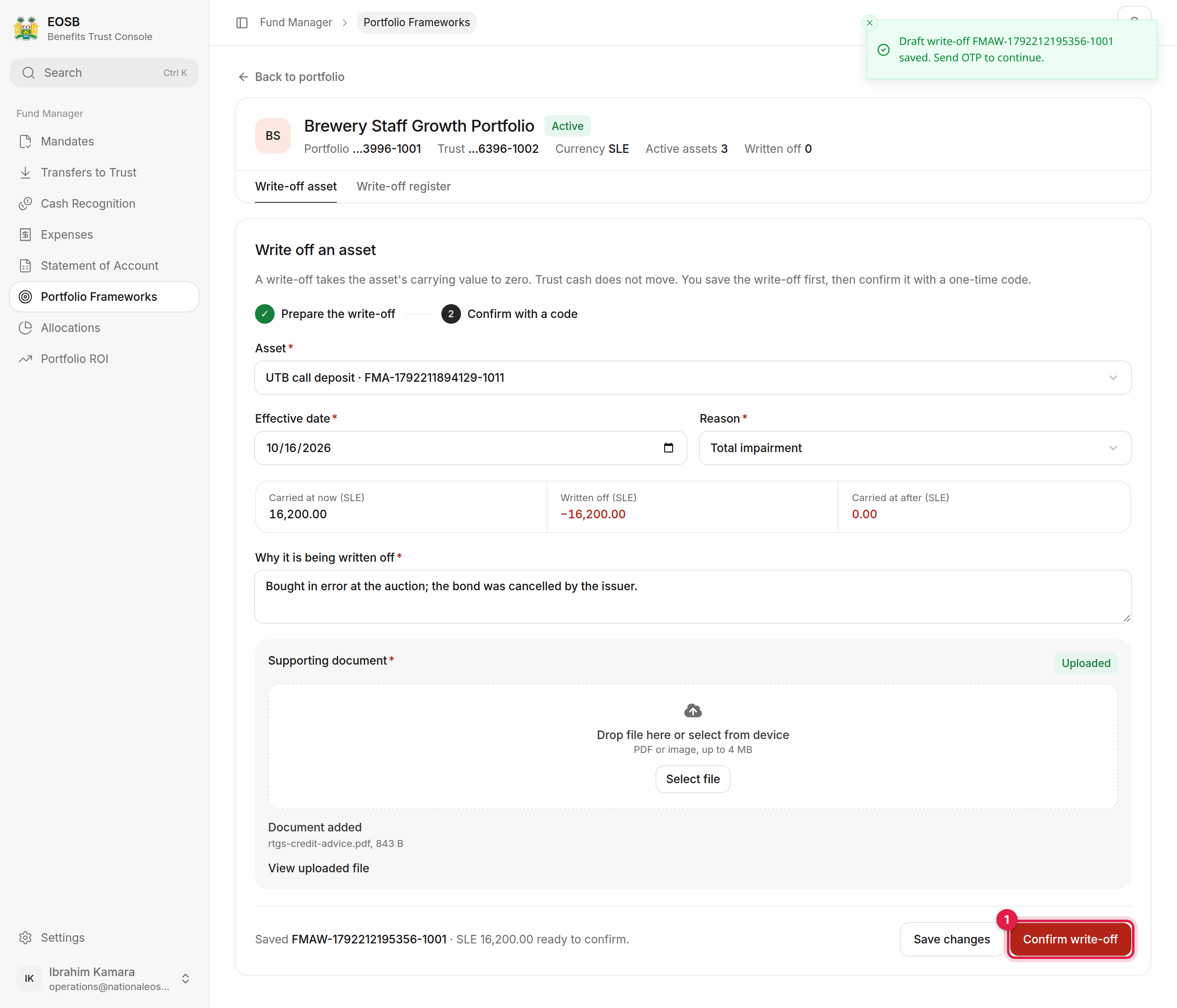 Write-off of SLE 16,200 saved, with Confirm write-off marked 1
