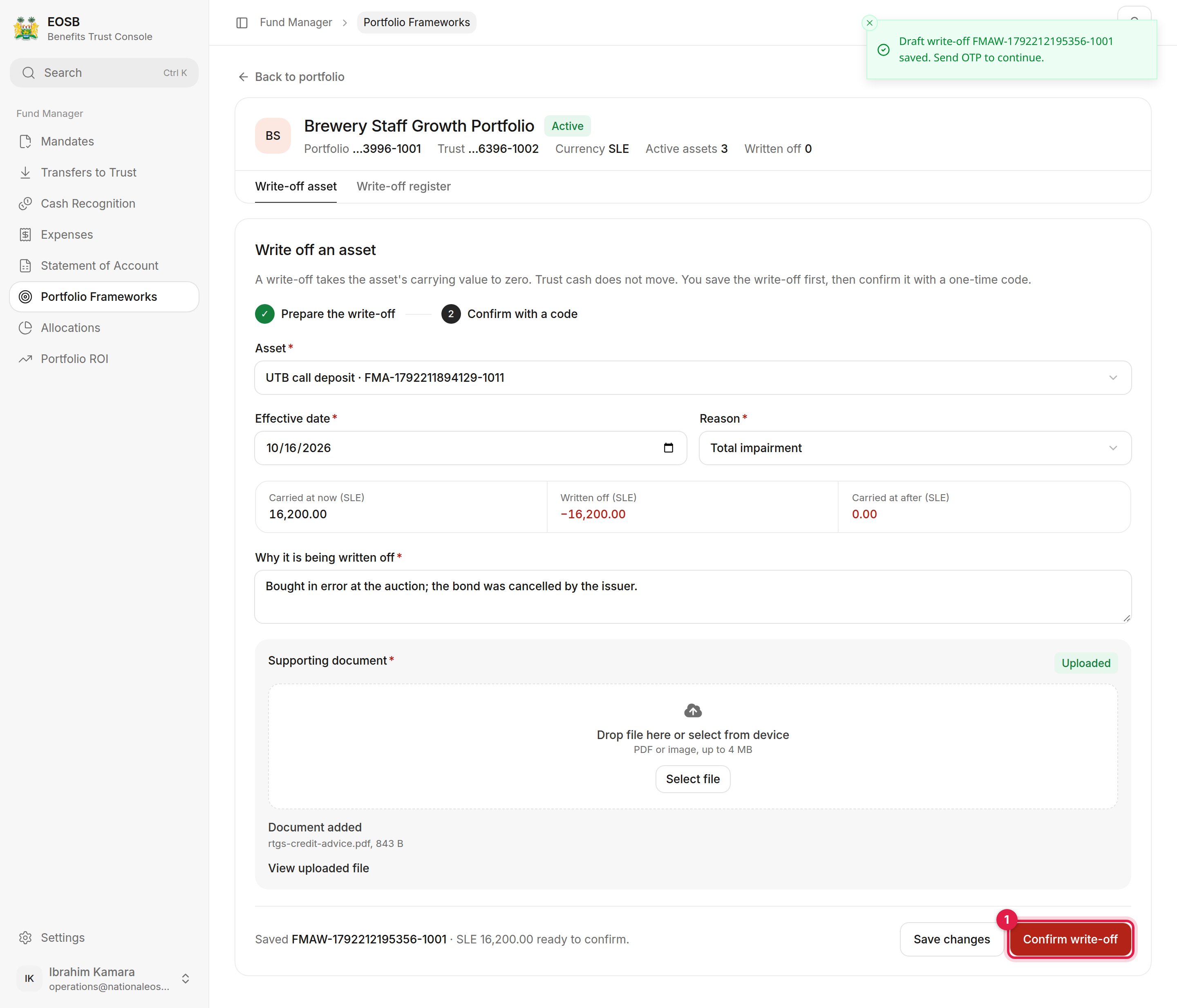 Write-off of SLE 16,200 saved, with Confirm write-off marked 1