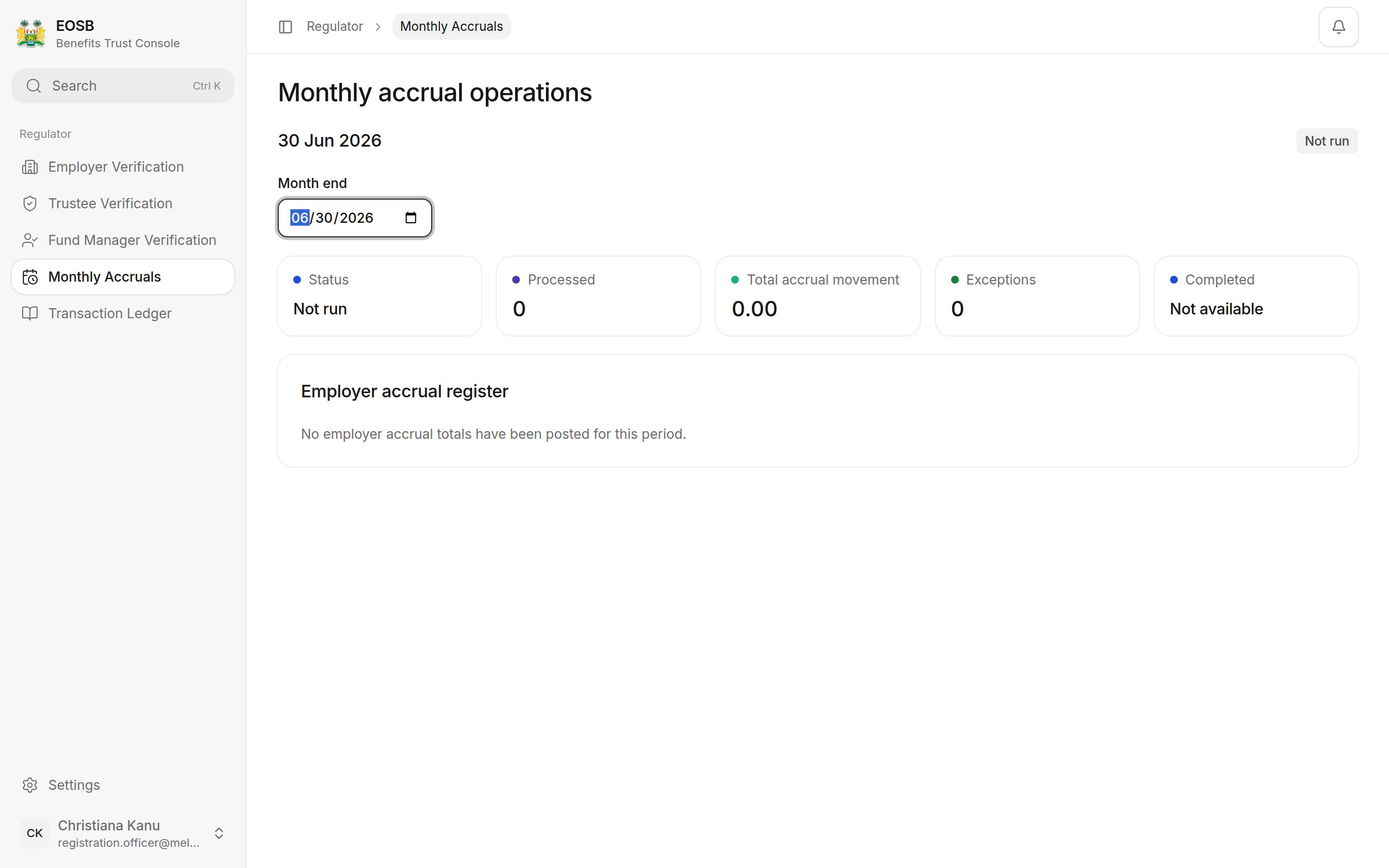 30 Jun 2026 with status Not run and No employer accrual totals have been posted for this period.