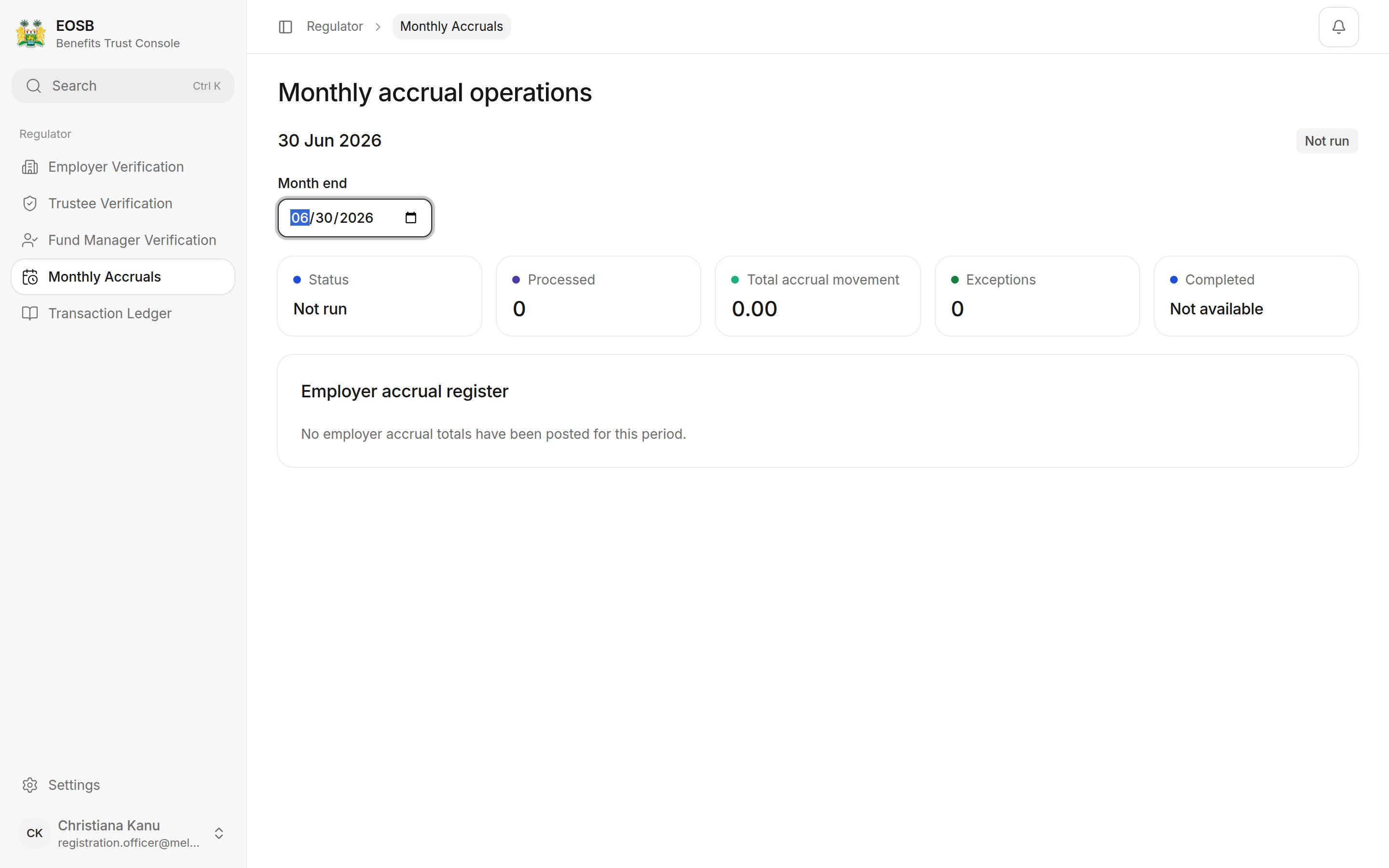 30 Jun 2026 with status Not run and No employer accrual totals have been posted for this period.