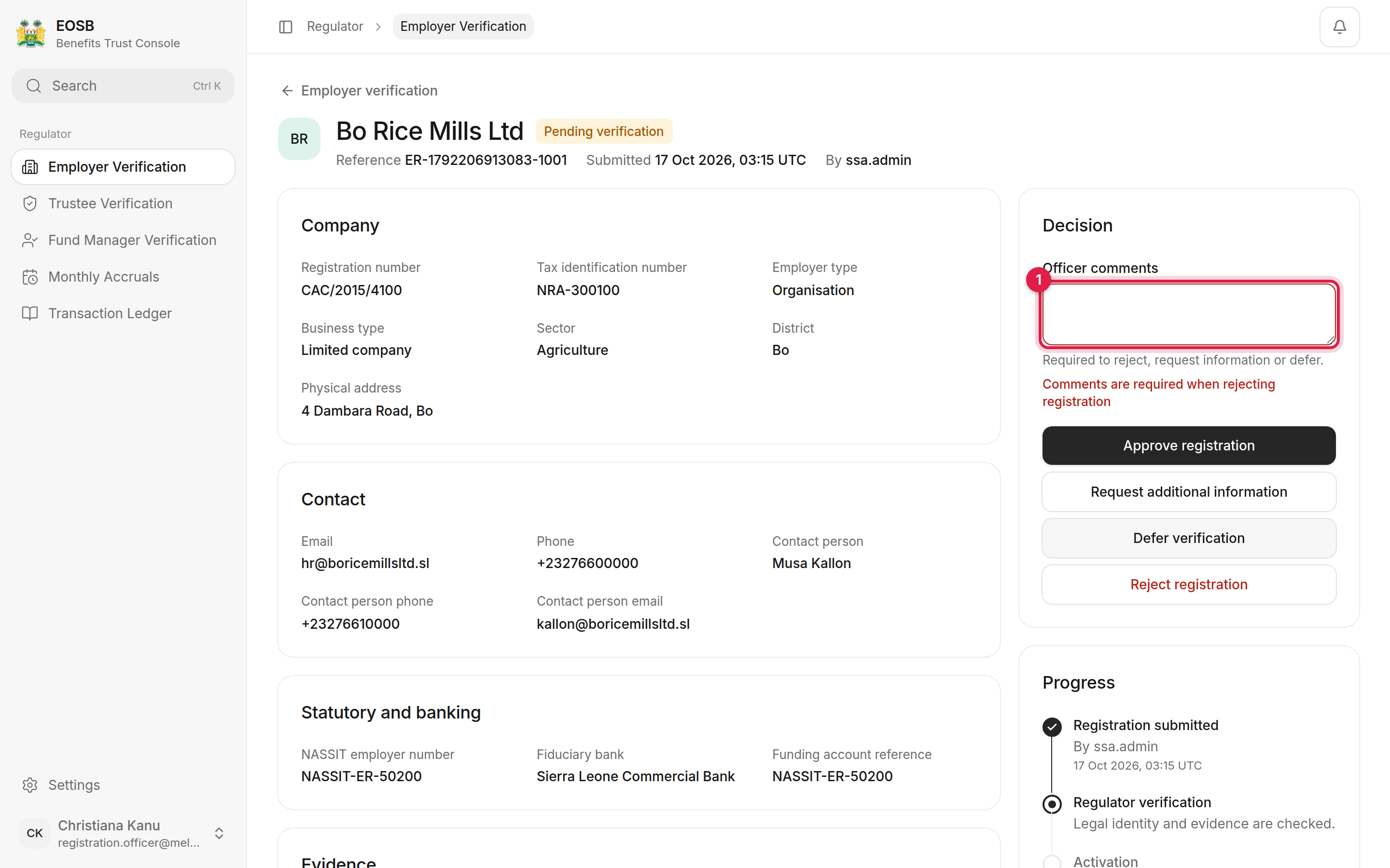 Officer comments field marked 1 with the error Comments are required when rejecting registration