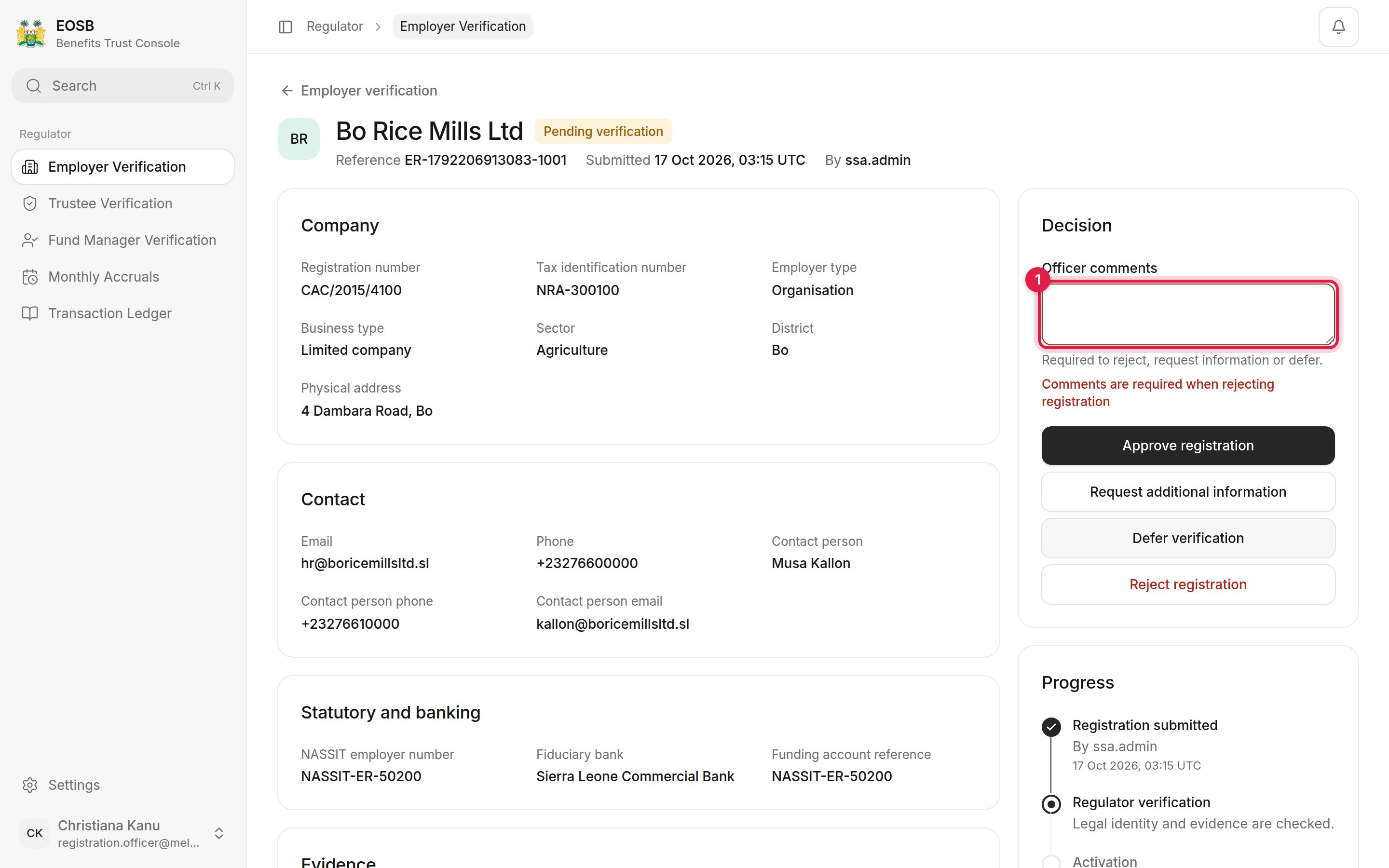 Officer comments field marked 1 with the error Comments are required when rejecting registration