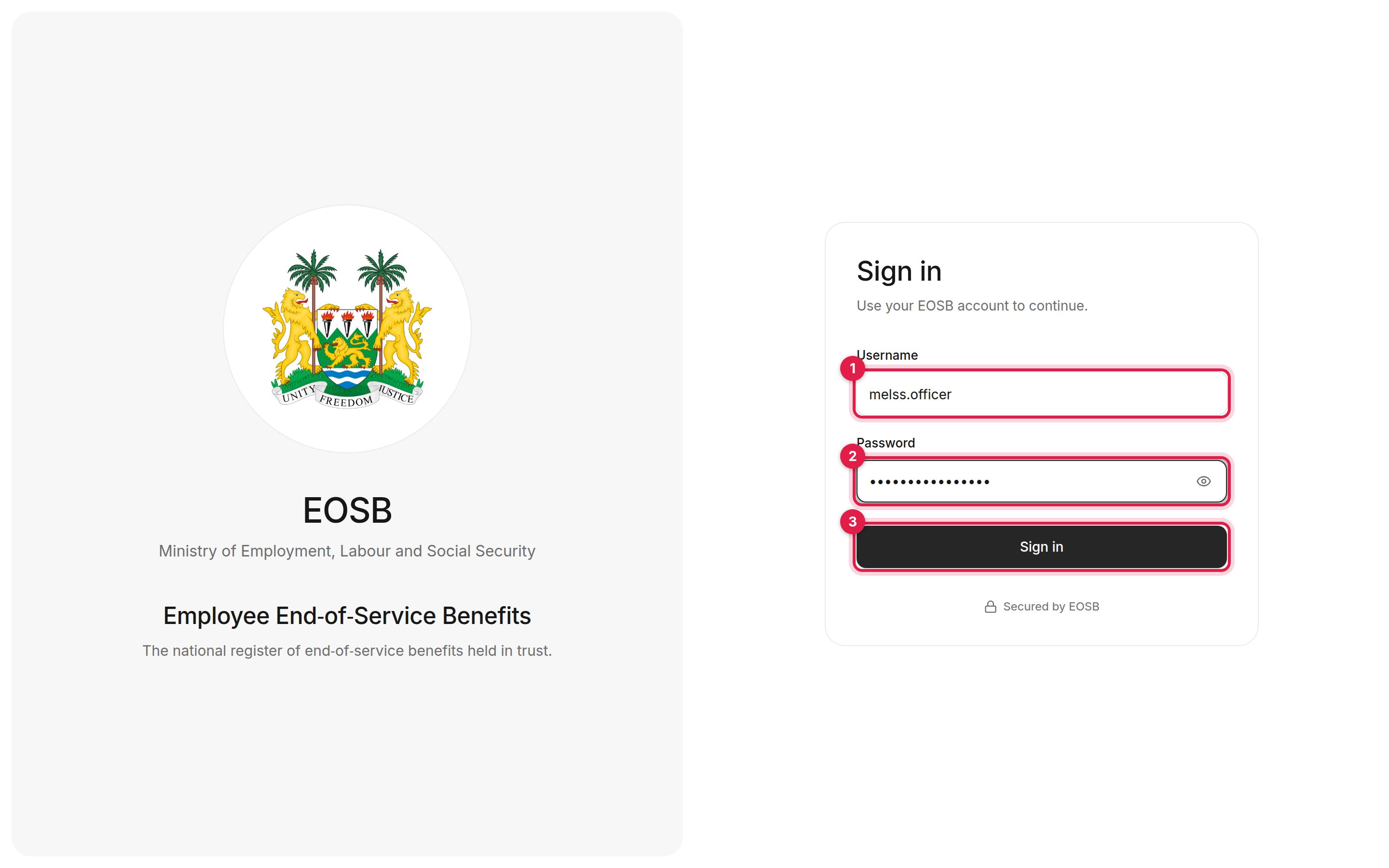 Sign-in page with Username melss.officer, Password and Sign in marked 1 to 3