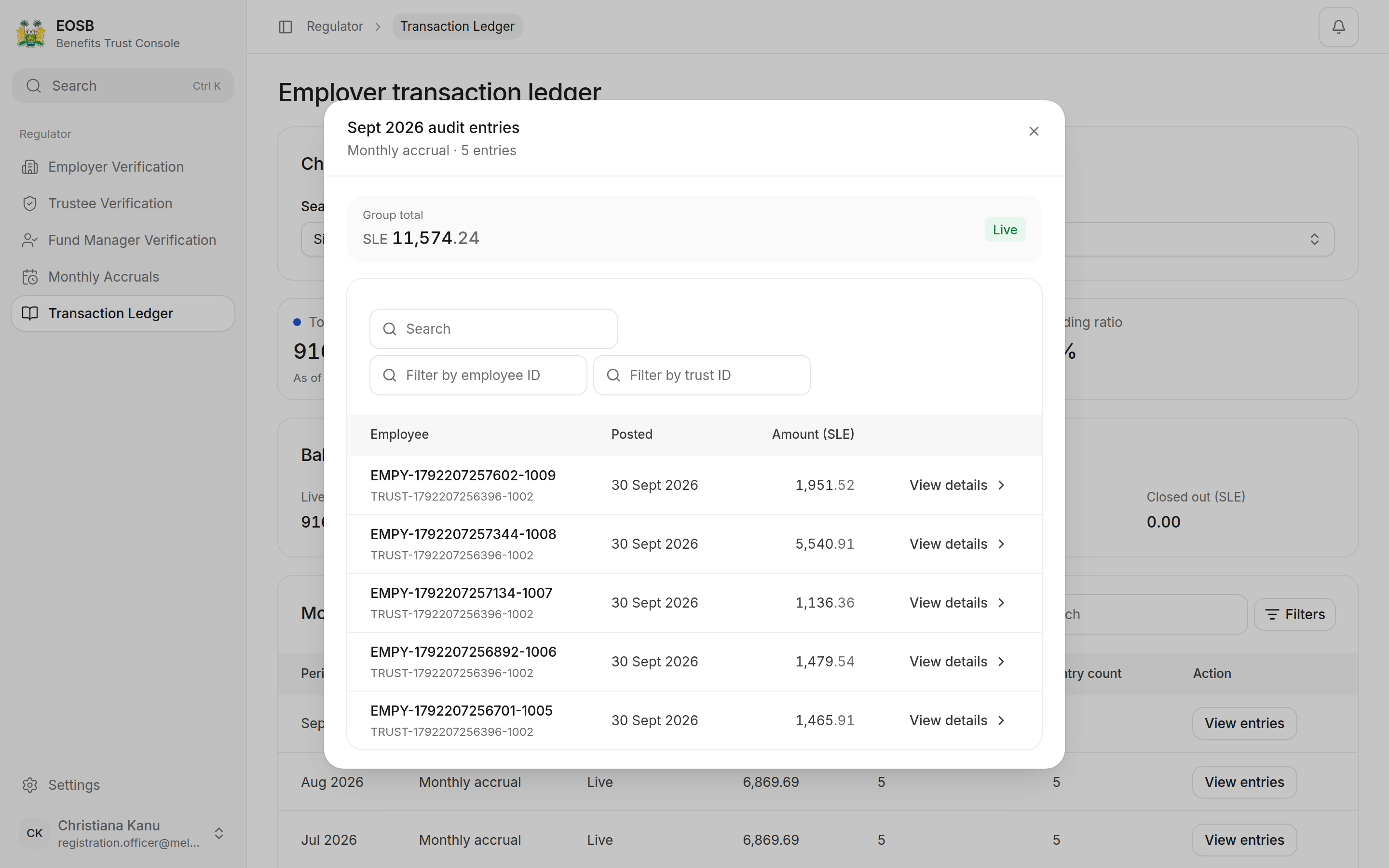 Sept 2026 audit entries: monthly accrual, 5 entries, group total SLE 11,574.24, one row per employee