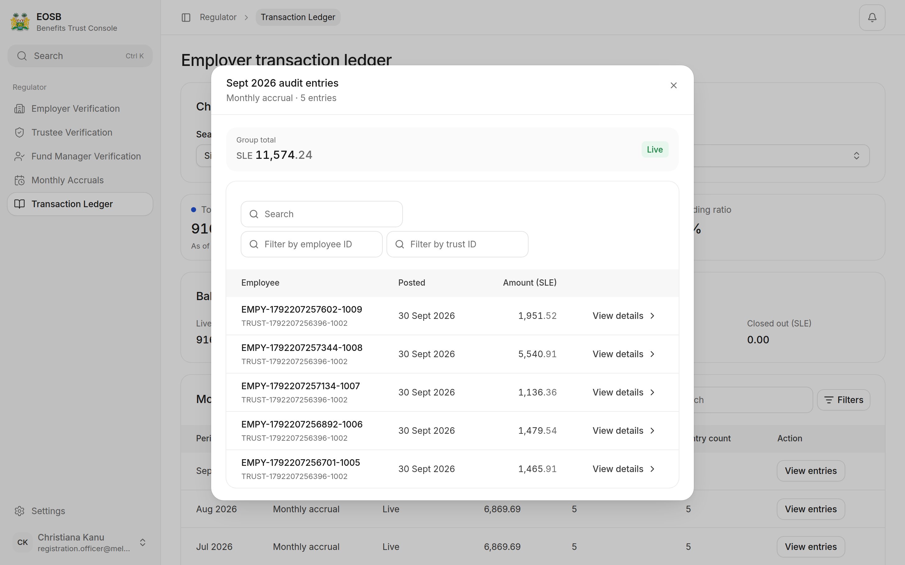 Sept 2026 audit entries: monthly accrual, 5 entries, group total SLE 11,574.24, one row per employee