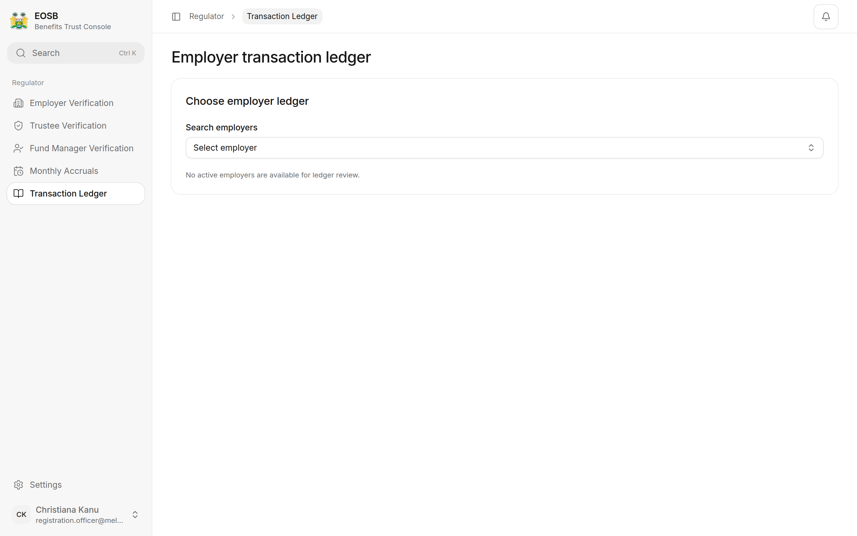 Choose employer ledger with the message No active employers are available for ledger review.