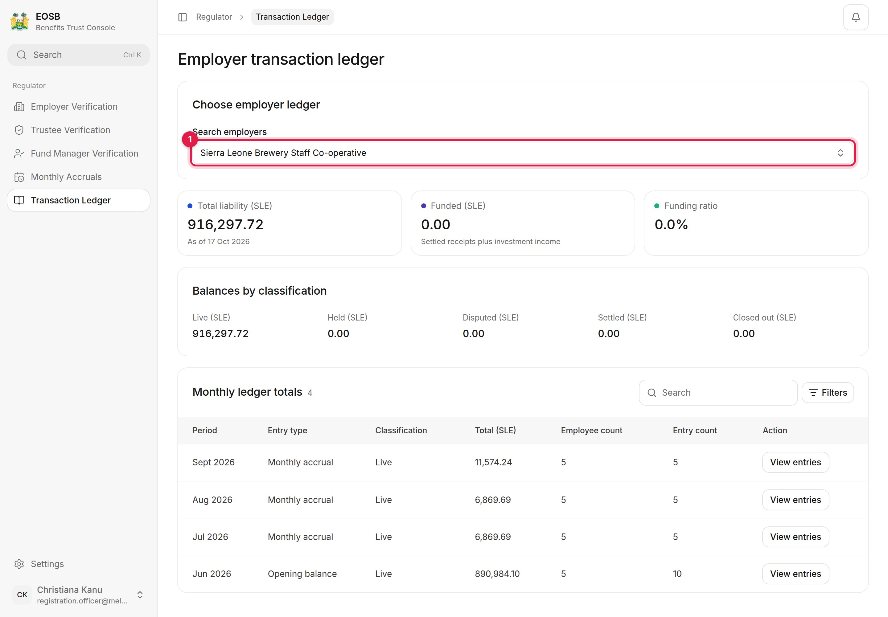 Employer transaction ledger for Sierra Leone Brewery Staff Co-operative, with the employer search marked 1
