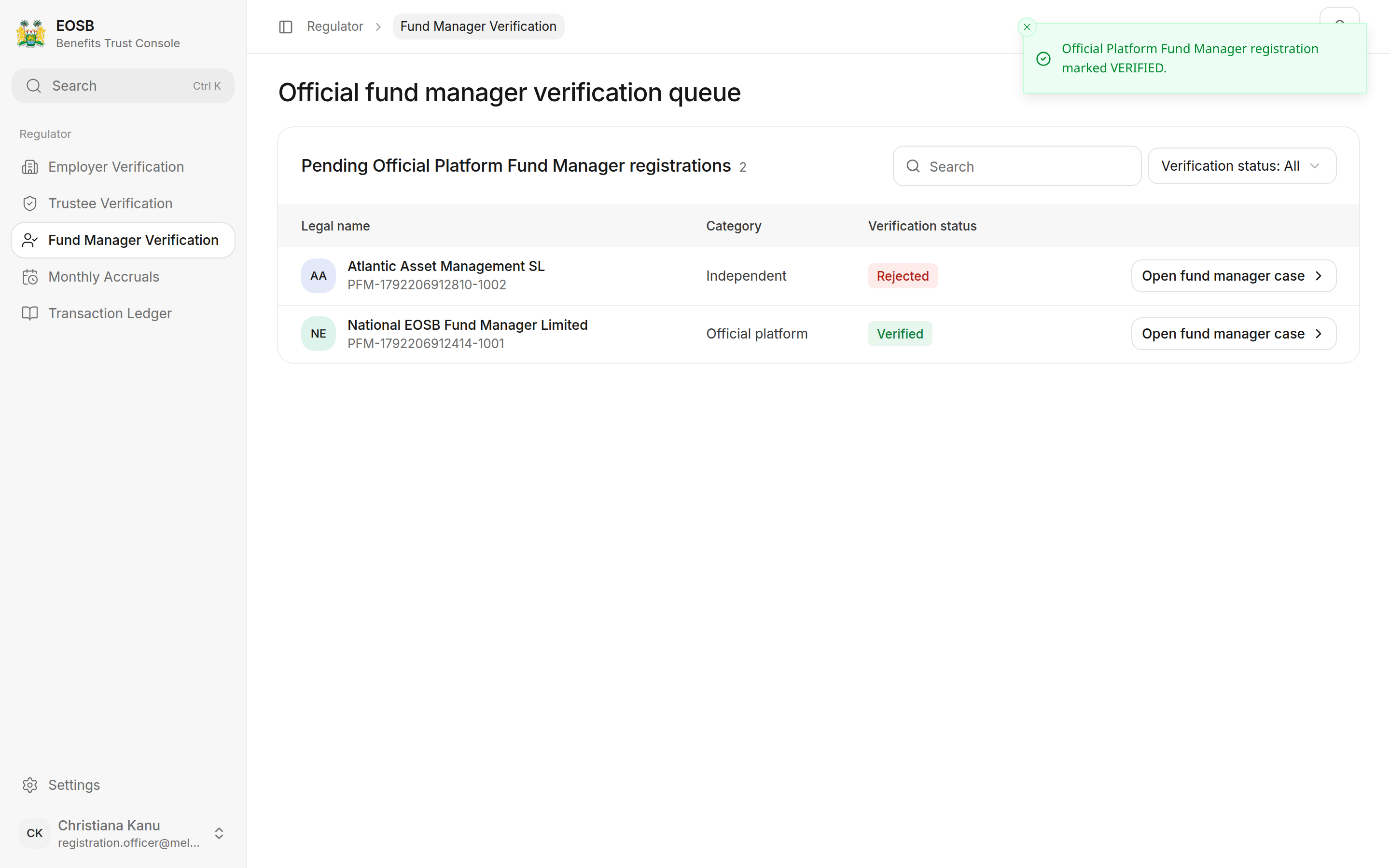 Atlantic Asset Management SL Rejected and National EOSB Fund Manager Limited Verified