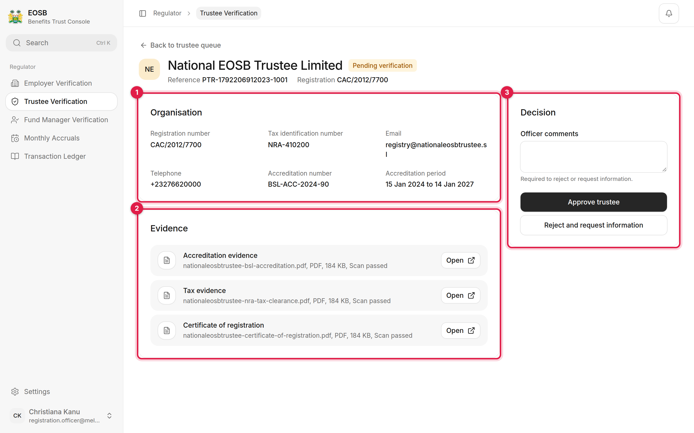 National EOSB Trustee Limited case with Organisation, Evidence and Decision marked 1 to 3