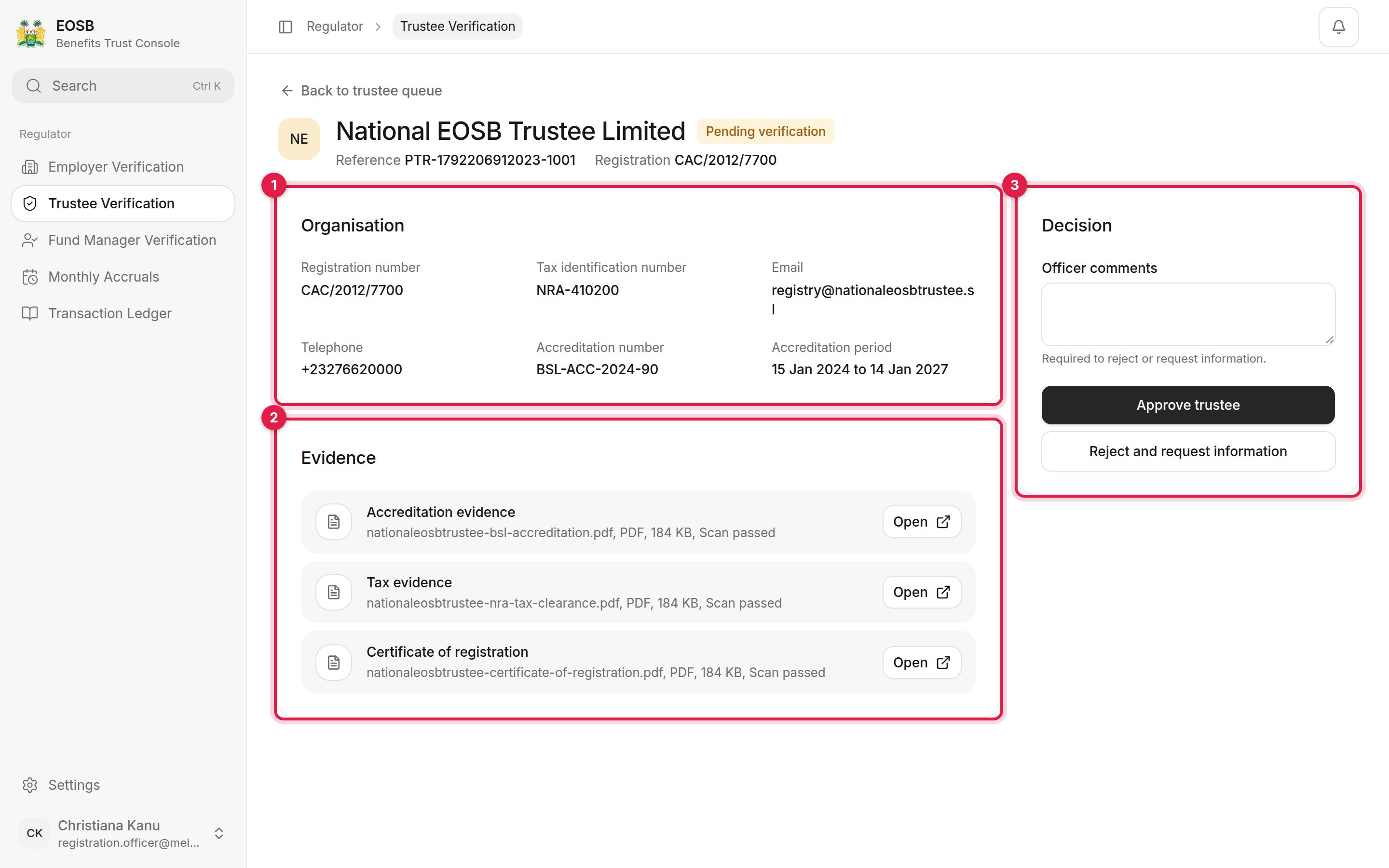 National EOSB Trustee Limited case with Organisation, Evidence and Decision marked 1 to 3