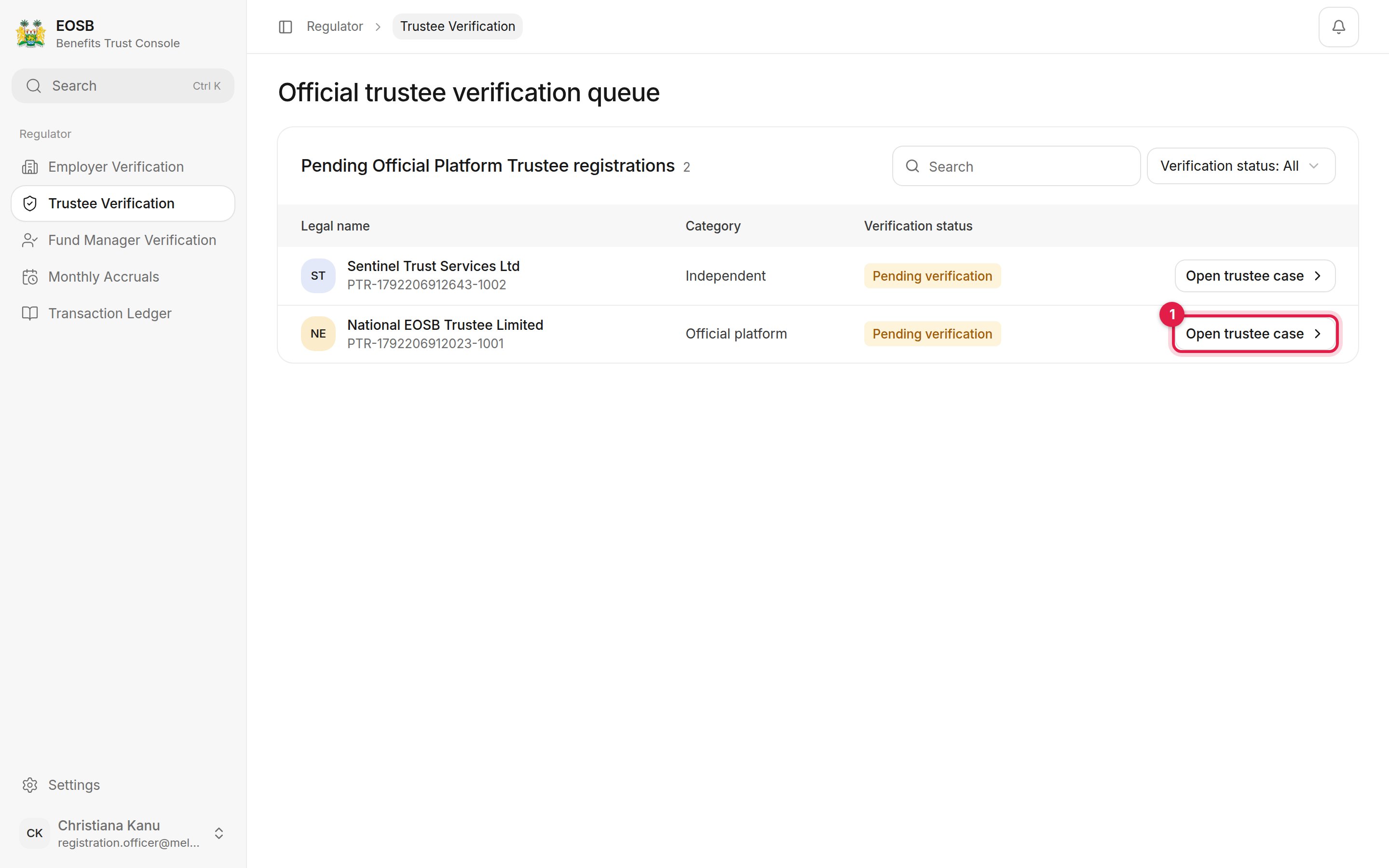 Two trustee registrations, one independent and one official platform, with Open trustee case marked 1