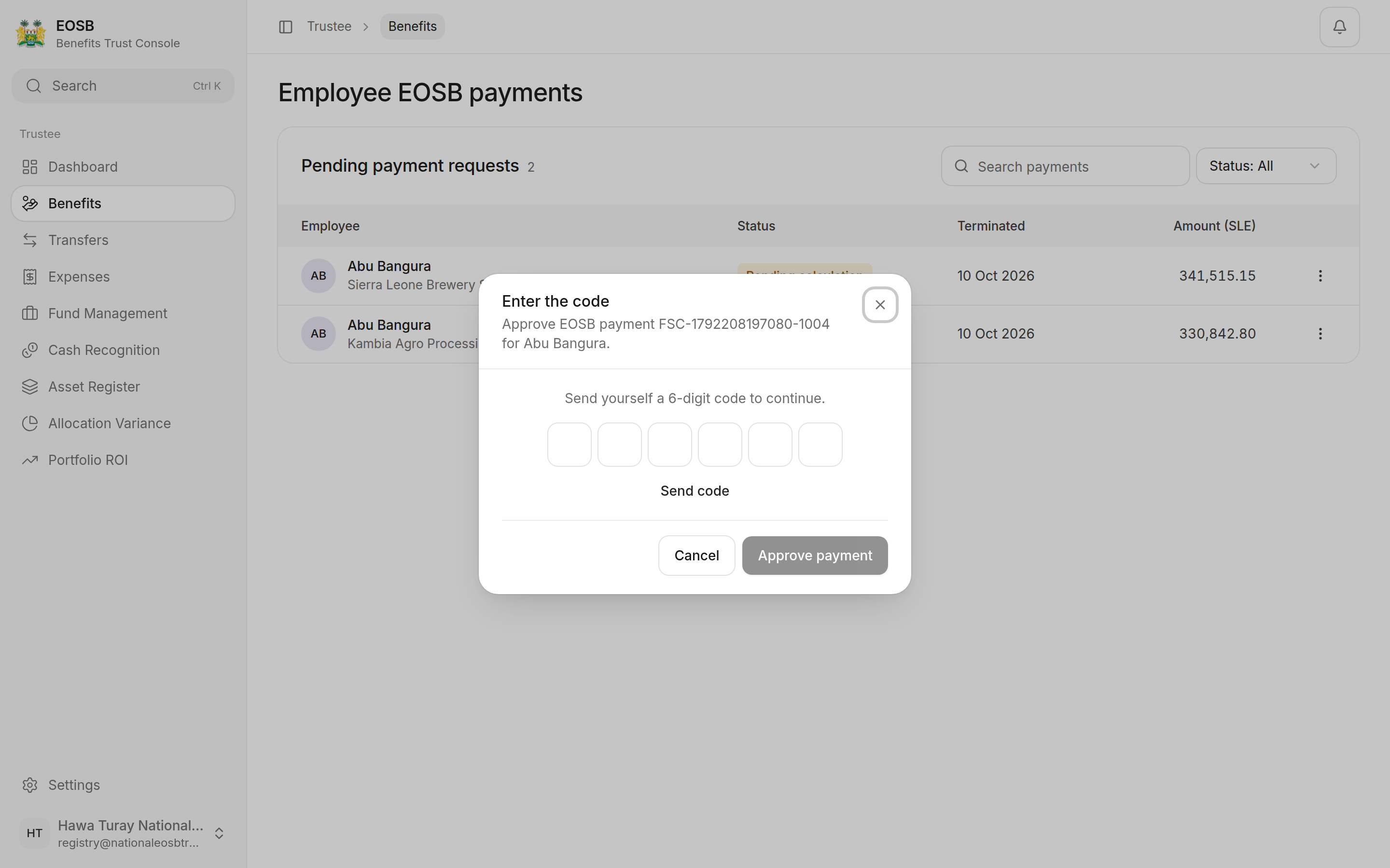 Enter the code window with Send code