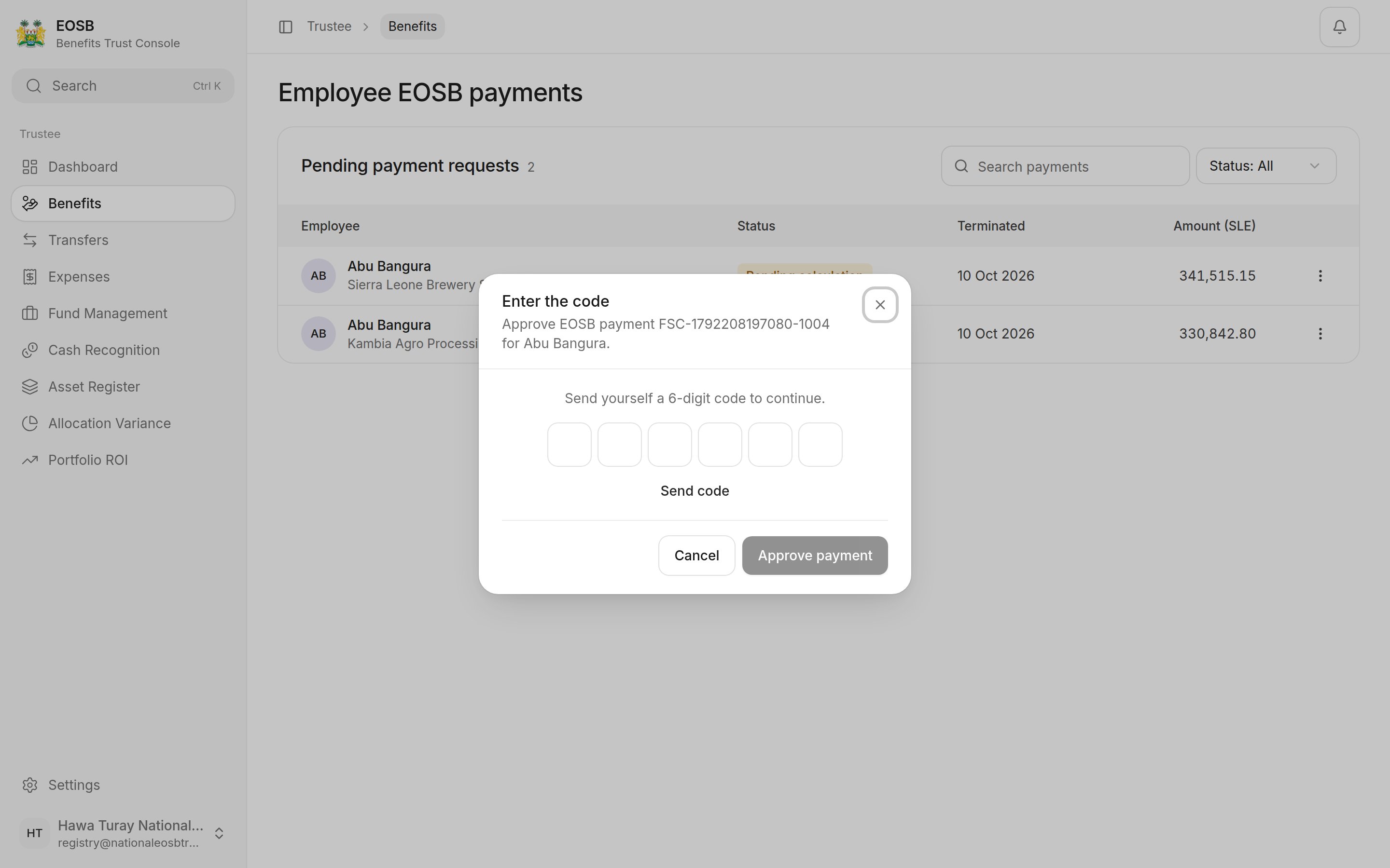 Enter the code window with Send code