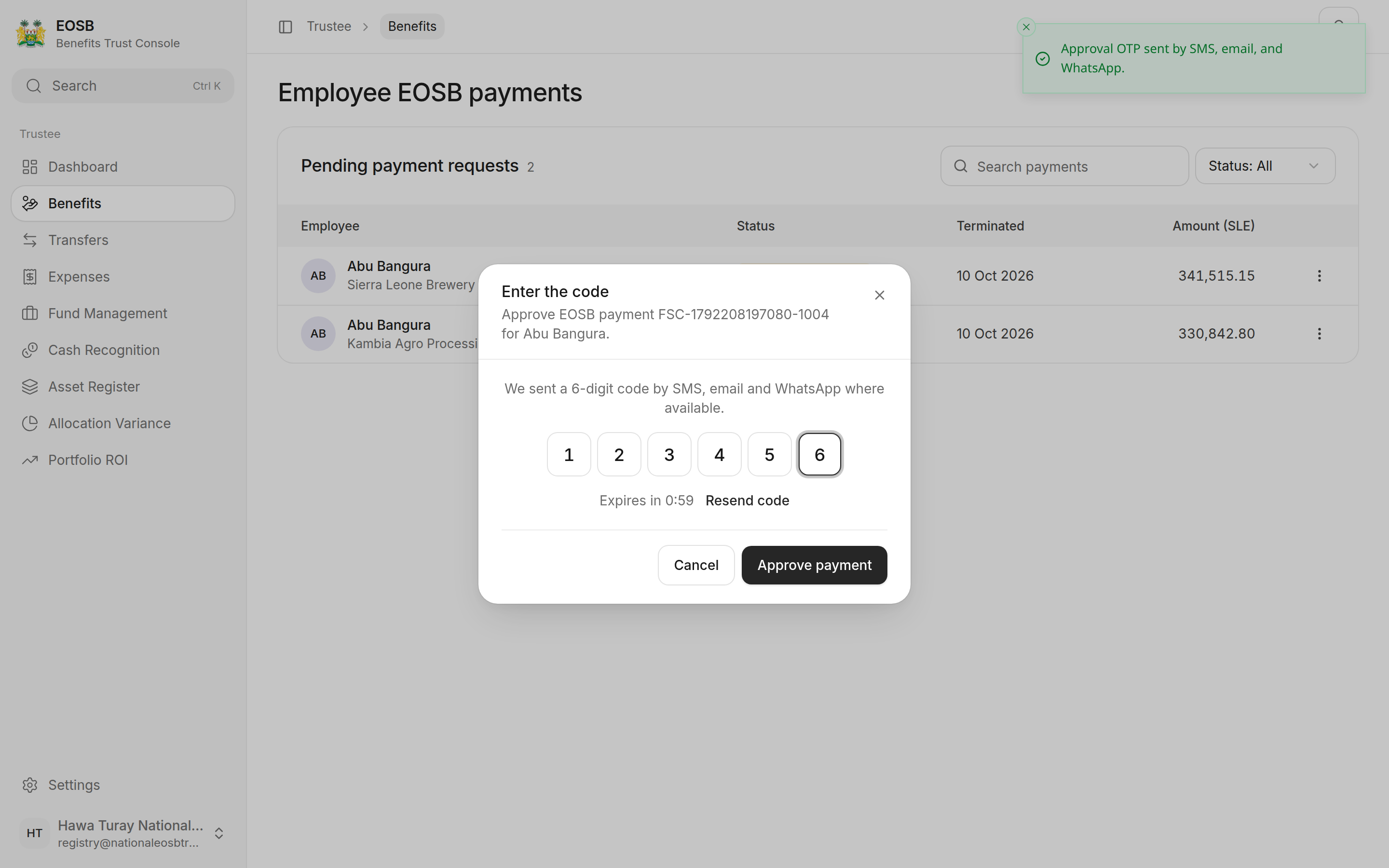 Code 123456 entered, Expires in 0:59, Approve payment button