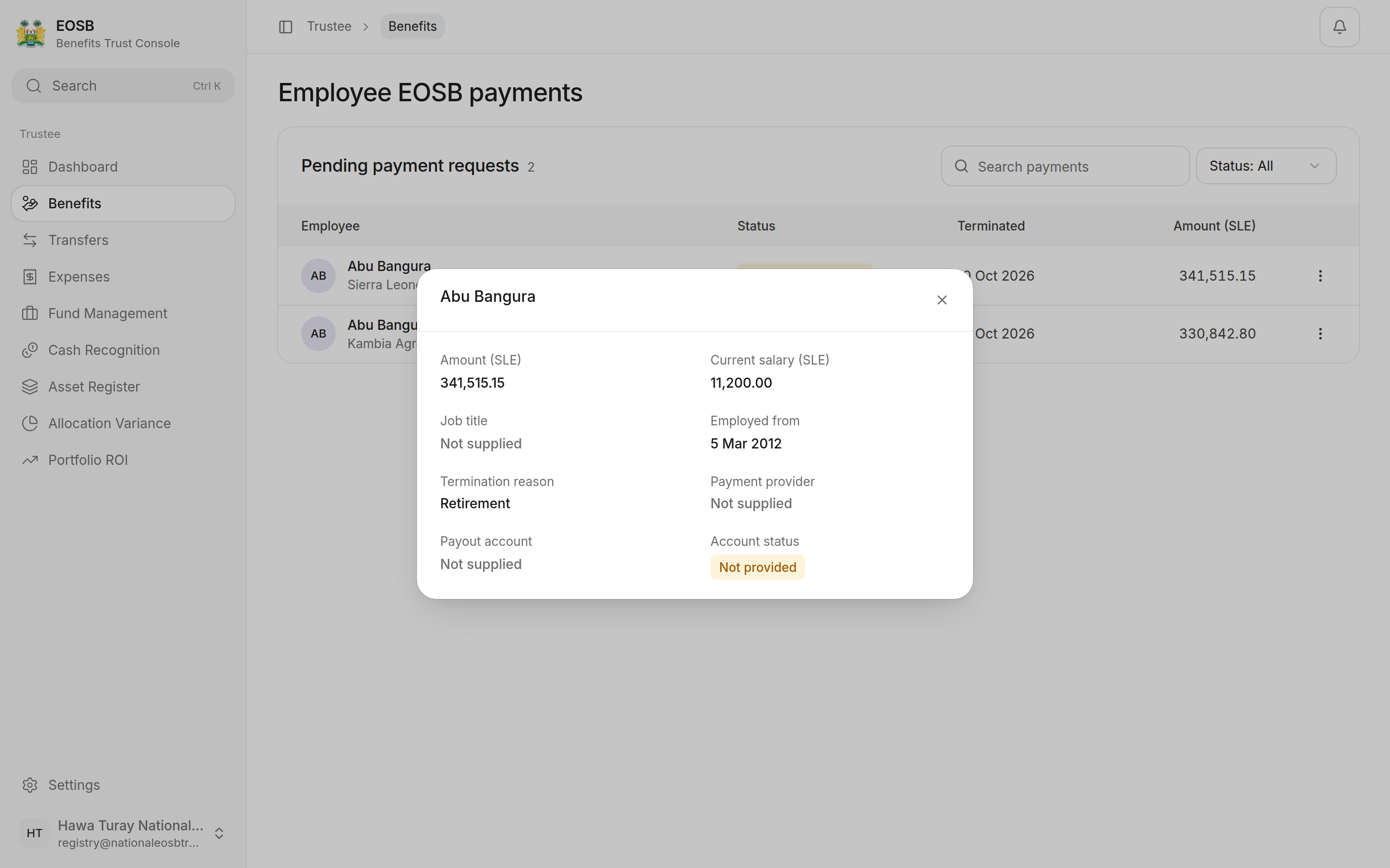 Payment details: amount, current salary, job title, employed from, termination reason, payment provider, payout account and account status