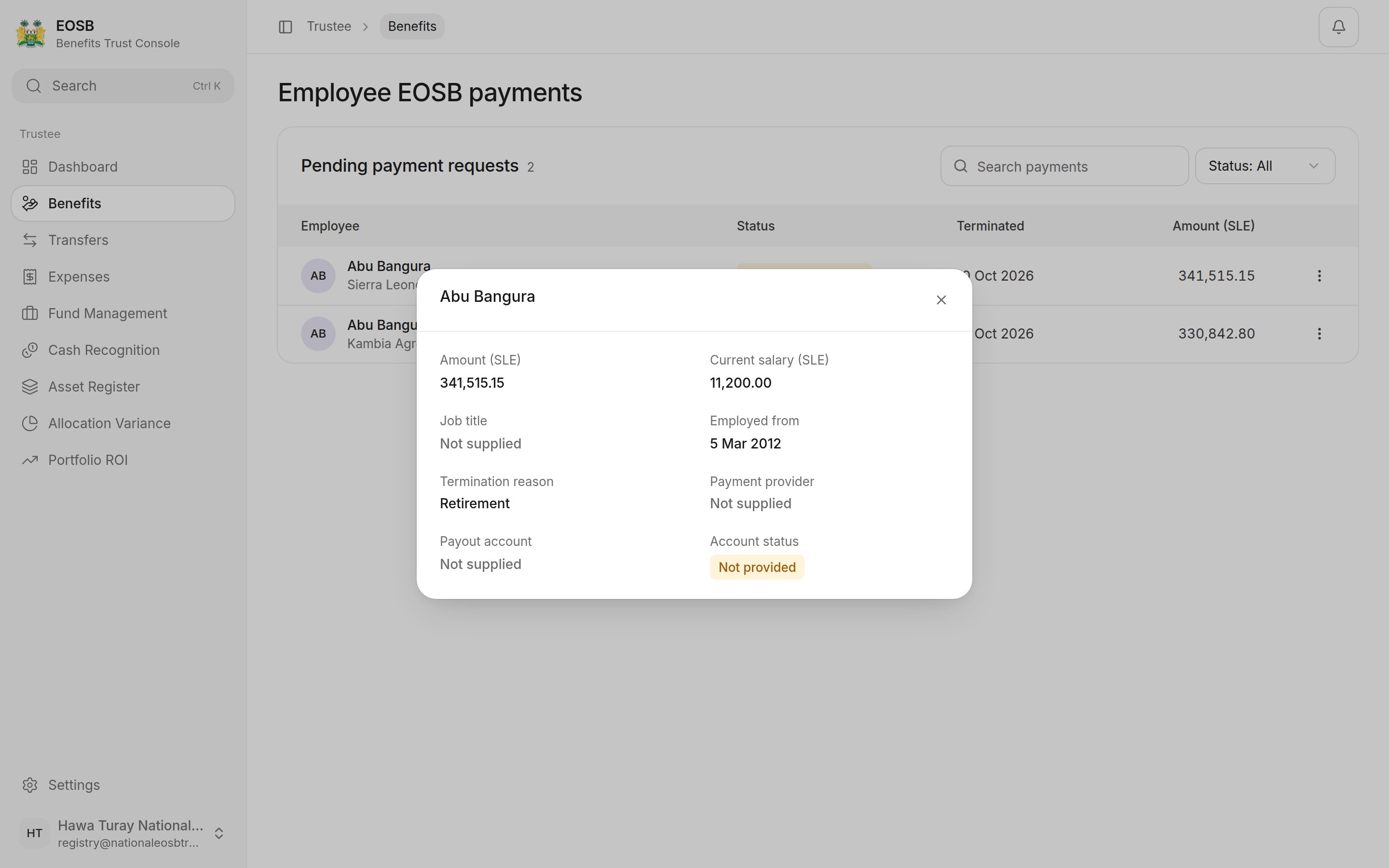 Payment details: amount, current salary, job title, employed from, termination reason, payment provider, payout account and account status