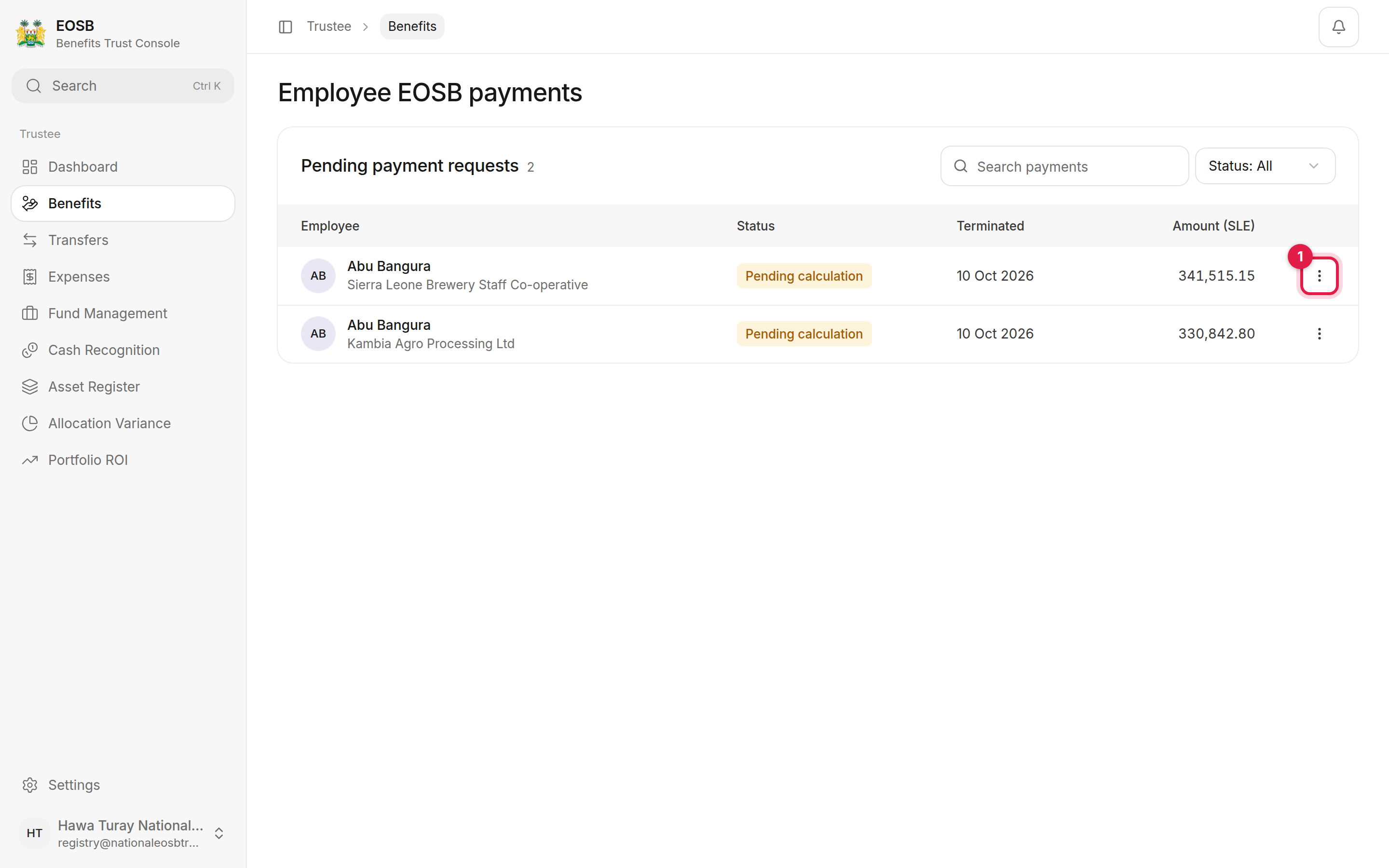 Pending payment requests: two employees with employer, status, termination date and amount, and the row menu marked 1