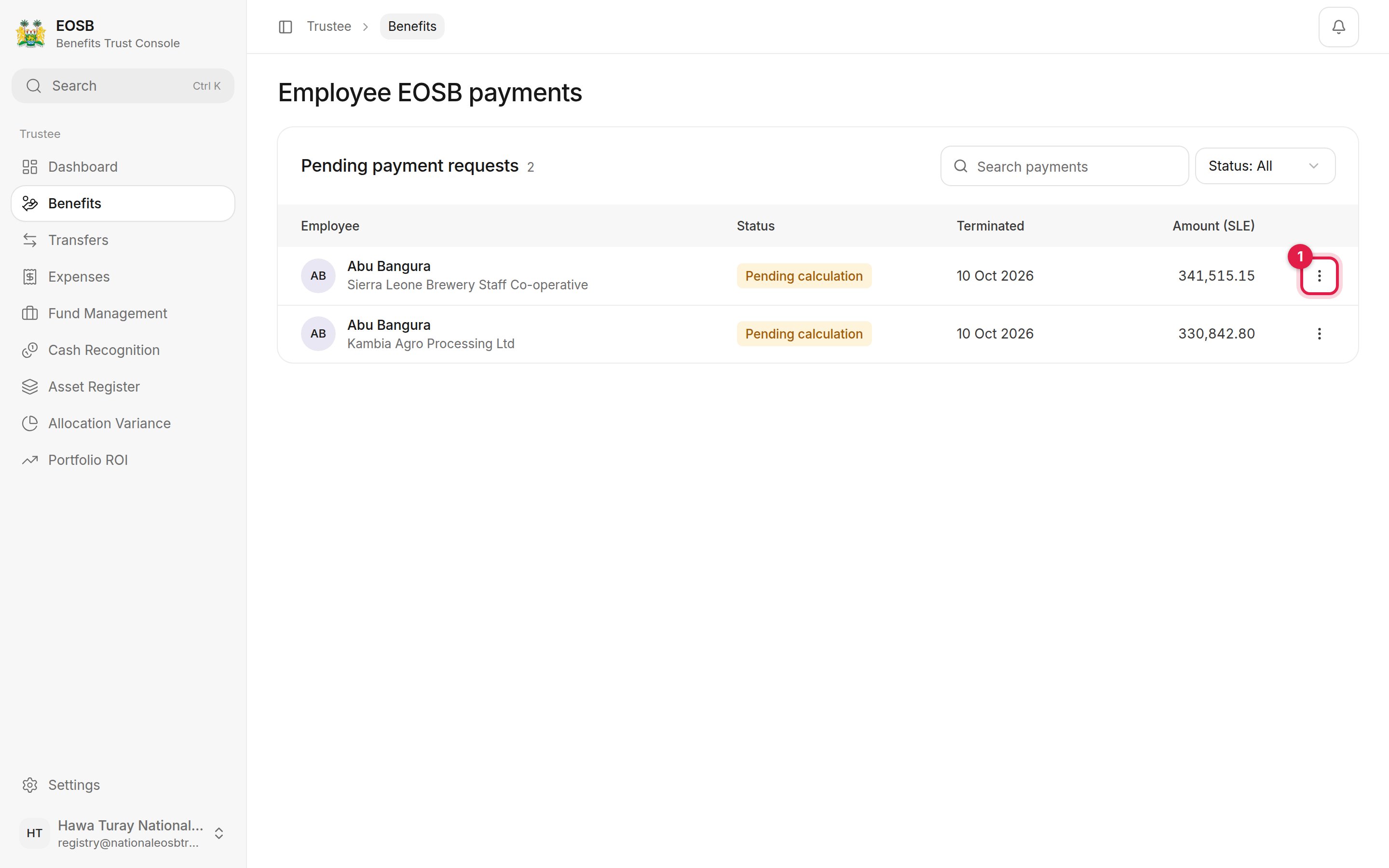 Pending payment requests: two employees with employer, status, termination date and amount, and the row menu marked 1