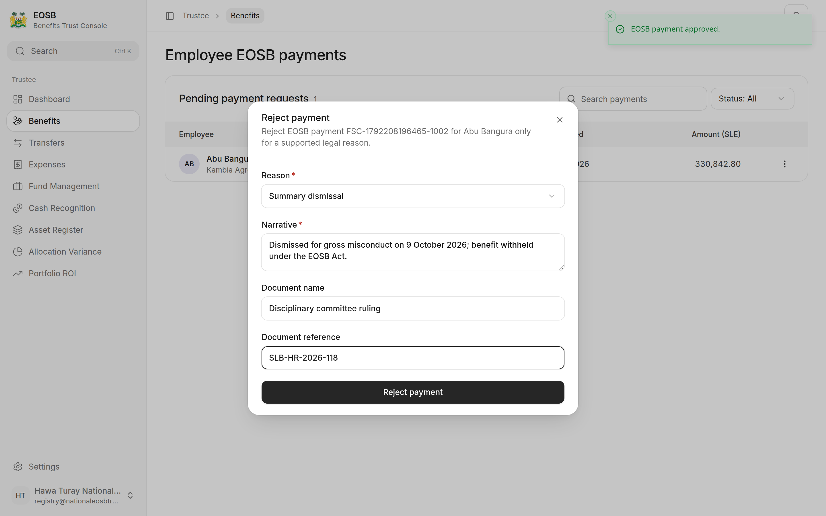 Reject payment window: Reason Summary dismissal, Narrative, Document name and Document reference