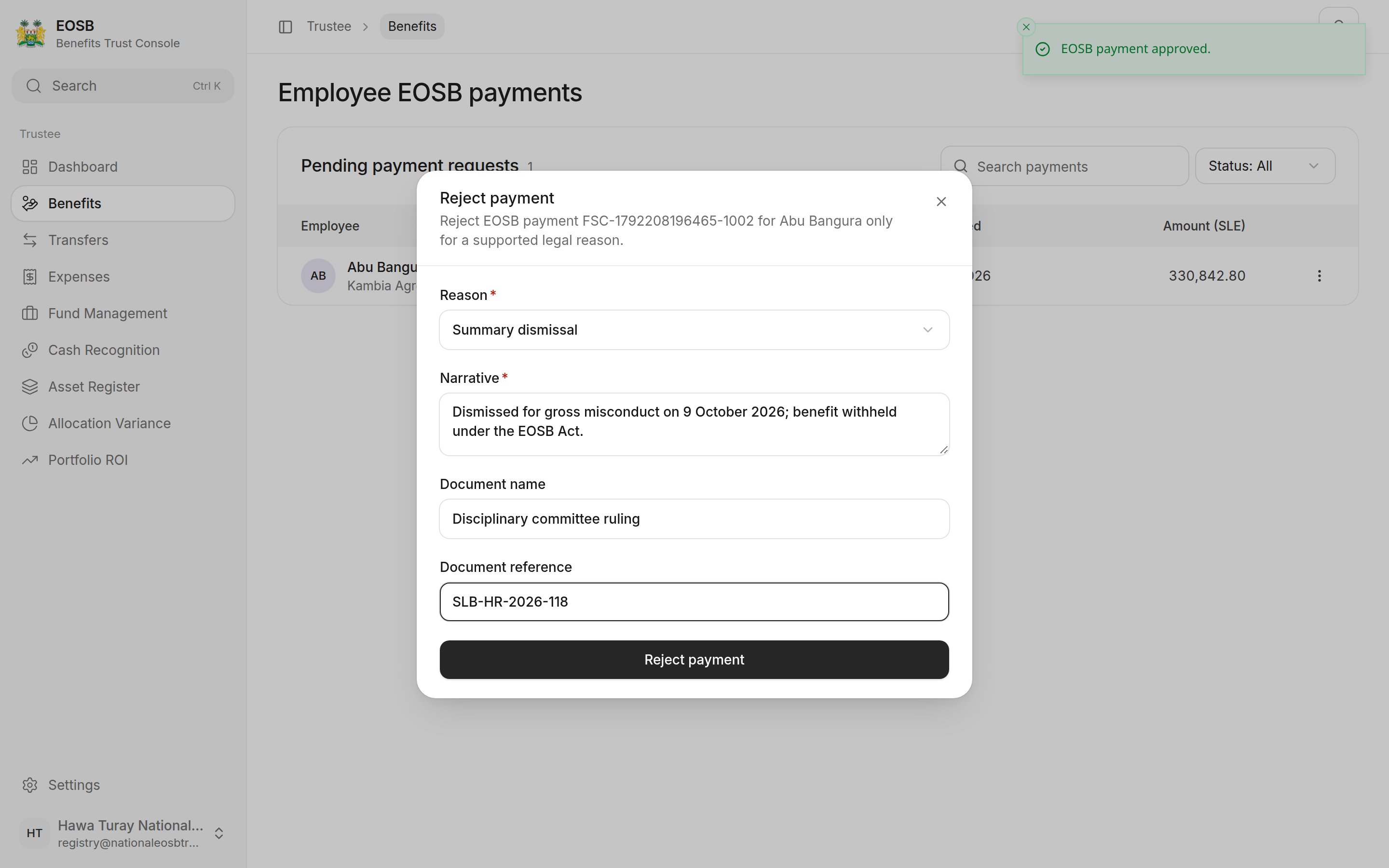 Reject payment window: Reason Summary dismissal, Narrative, Document name and Document reference