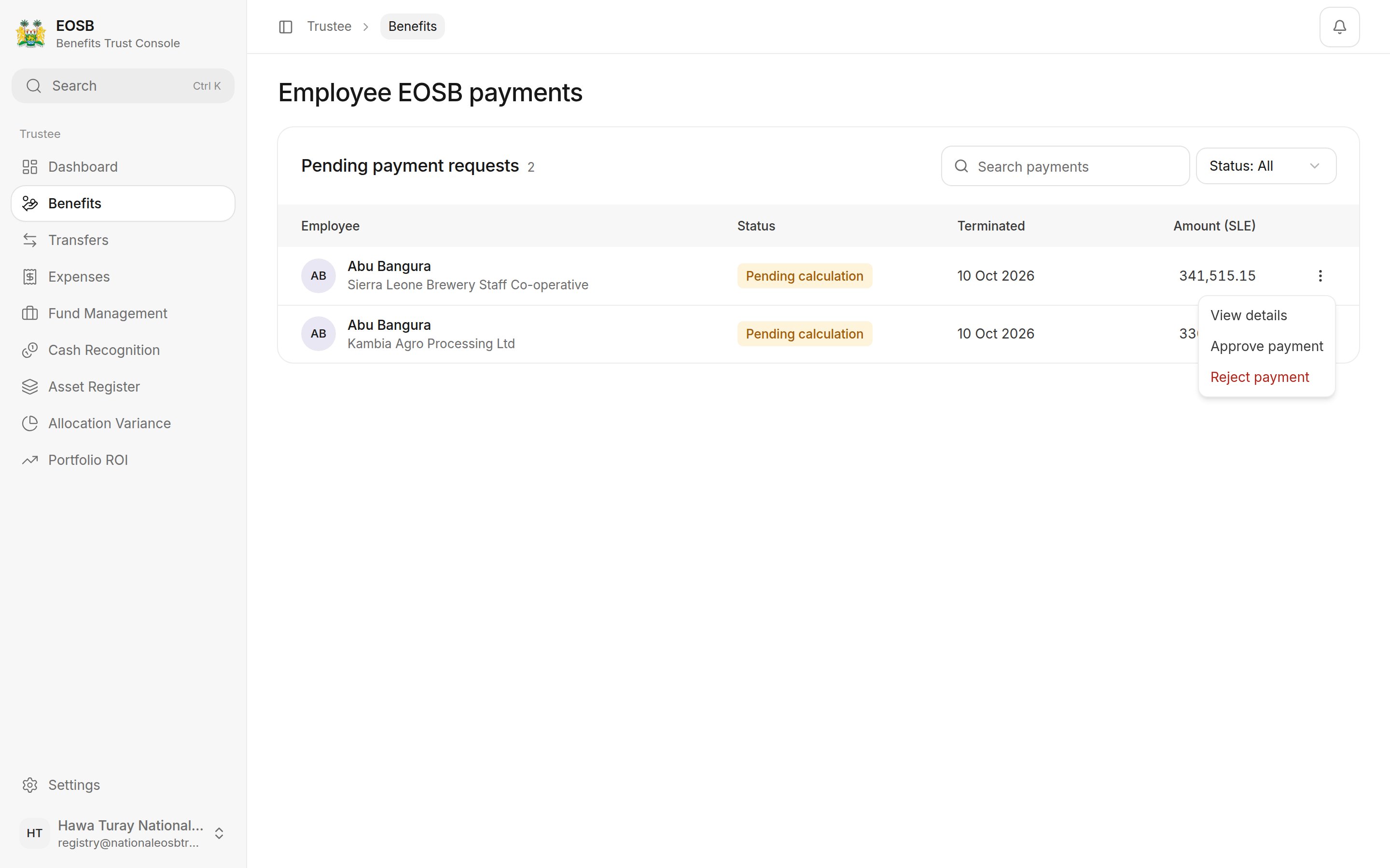 Row menu with View details, Approve payment and Reject payment