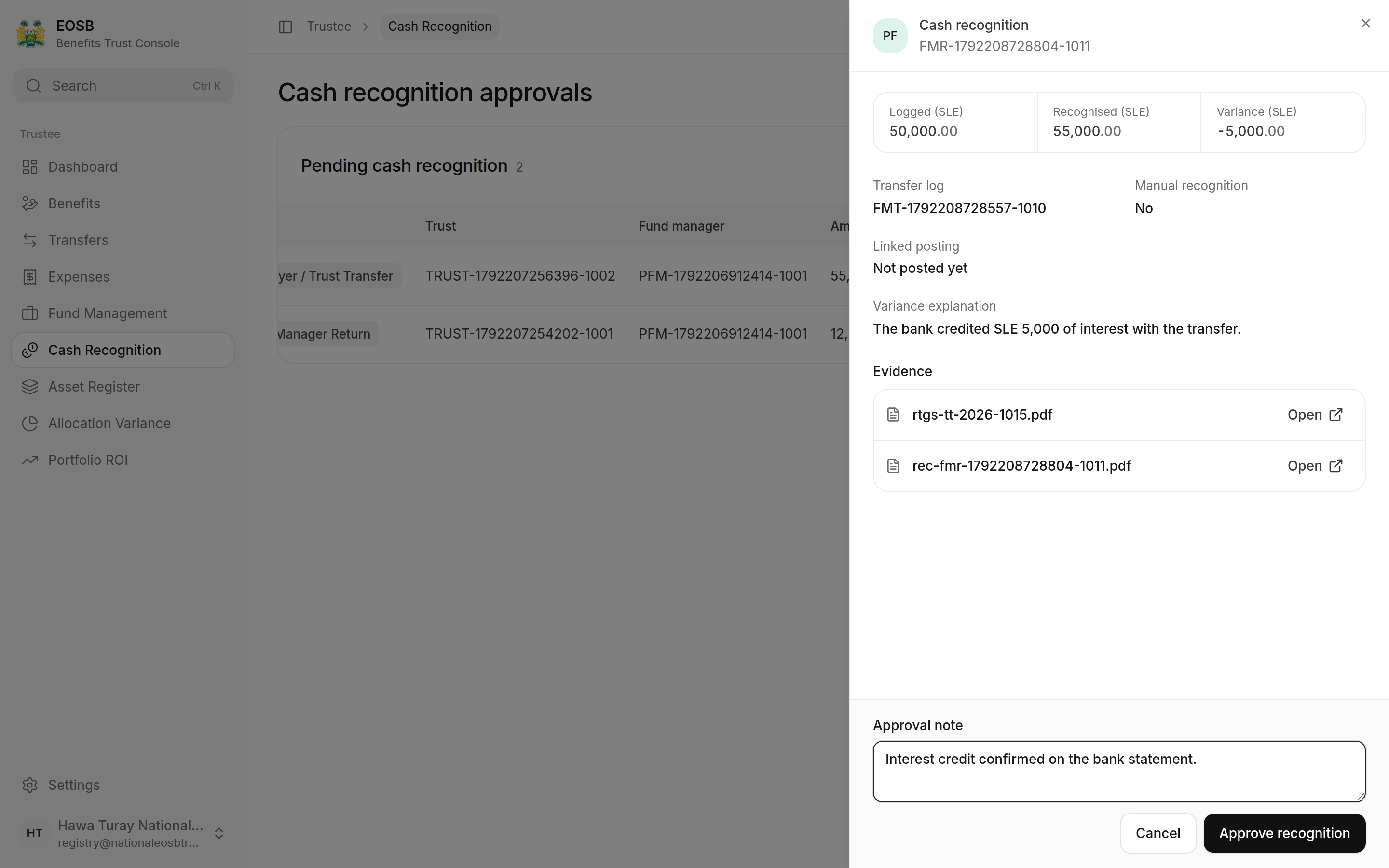 Approval note: Interest credit confirmed on the bank statement, and Approve recognition