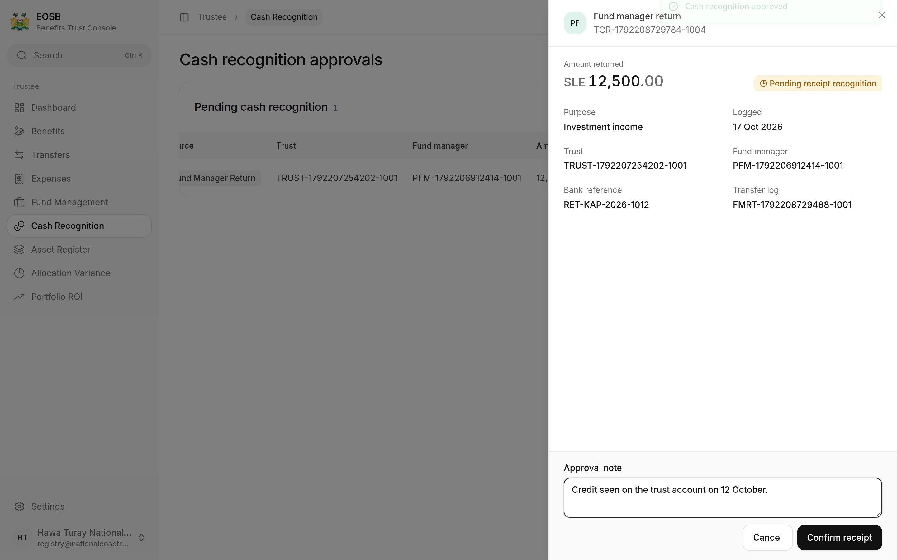 Approval note: Credit seen on the trust account on 12 October, and Confirm receipt